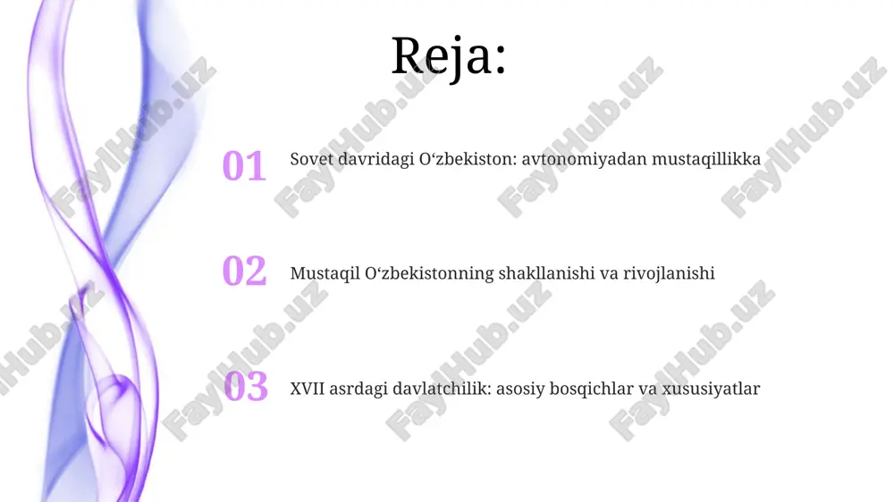 xon oliy hukmdor sanalgan, lekin amalda mahalliy beklarning taʼsiri kuchli boʻlgan, ayniqsa 19-asrda bu yaqqol sezilgan. qoʻqon xonligi 1709-yilda shayboniylar sulolasidan boʻlgan shohruhbek tomonidan tashkil etilgan boʻlib, markazlashgan davlat qurishga urinishlar amalga oshirilgan, lekin unchalik muvaffaqiyatli boʻlmagan. xiva xonligi: ijtimoiy-iqtisodiy rivojlanish xvii asrda xiva xonligida sugʻorish inshootlari yaxshilanishi bilan dehqonchilik rivojlandi, xususan, paxta yetishtirish hajmi oshdi va eksport uchun imkoniyatlar yaratildi. xiva xonligida soliq tizimi murakkab edi; yer soligʻi (xiroj) va jon soligʻi (jizya) kabi turlari aholining ijtimoiy-iqtisodiy ahvoliga sezilarli taʼsir koʻrsatdi. siyosiy va iqtisodiy islohotlar o'zbekiston mustaqillikka erishgach, 1994-yilda milliy valyuta – so'mning joriy etilishi bozor iqtisodiyotiga o'tishning muhim bosqichi bo'ldi va 1996-yildan boshlab xususiylashtirish jarayoni kuchaytirildi. xvii asrda siyosiy markazlashuvning zaiflashuvi, iqtisodiy tanazzul va feodal tarqoqlik 1702-yilda xiva xonligida pul islohotlariga olib keldi, ammo barqarorlikni ta'minlay olmadi. jadidchilik harakati: milliy uygʻonish jadidlar usuli jadid maktablarini tashkil etib, bunda dunyoviy fanlar bilan birga islomiy bilimlar ham oʻqitilgan, bu esa …