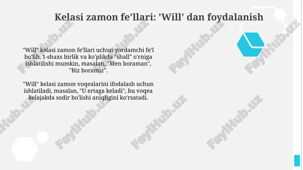 kelajak" resurslardan oqilona foydalanish, chiqindilarni kamaytirish, masalan, qayta ishlash darajasini 75%ga ko'tarish, va inson farovonligini oshirishni nazarda tutadi. "barqarorlik va kelajak" 2030 yilgacha bmtning 17 ta barqaror rivojlanish maqsadlariga erishish uchun innovatsion yechimlarni, masalan, energiya samaradorligini oshirishni o'z ichiga oladi. xulosa xulosa, tadqiqotning asosiy natijalarini 1 dan 3 gacha aniq va ixcham ifodalaydi, maqsadga erishilganligini baholaydi, 20 dan 40 so'zdan iborat. tadqiqotning cheklangan tomonlari va kelajakdagi 3 ta yo'nalish 10 dan 20 tagacha so'z bilan qisqacha tahlil qilinadi, natijalarni yanada mustahkamlash imkoniyatlari ko'rsatiladi. kelasi zamon fe'llari: tuzilishi o'tgan zamon fe'llari gapda ish-harakatning bajarilganligini ko'rsatadi va 'qachon?' degan so'roqqa javob beradi. masalan, 'men kitobni kecha o'qidim'. o'tgan zamon fe'llari yasash uchun o'zakka -di, -gan, -kan kabi 3 ta qo'shimchalar qo'shiladi, masalan, 'yozdi', 'borgan', 'aytgan ekan'. kelasi zamon fe'llari: 'going to' dan foydalanish 'going to' fe'lining shakli 'to be' fe'lining tegishli zamoni (am/is/are) va 'going to' infinitiv shakli orqali yasaladi. masalan, 'u …