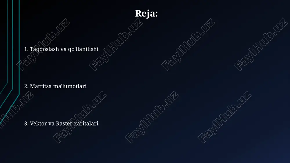 lashtirishda vektor ma'lumotlar, jumladan, yo'llar, temir yo'llar va avtobus bekatlari geografik koordinatalari, marshrutlarni optimallashtirishda ishlatiladi. atrof-muhitni modellashtirishda raster ma'lumotlar, masalan, 30 metrlik aniqlikdagi srtm ma'lumotlari, oqim yo'nalishlarini aniqlash va suv havzalari chegaralarini chizish uchun qo'llaniladi. vektorli xaritalar: tuzilishi va qo'llanilishi vektorli xaritalar navigatsiya tizimlarida eng qulay yo'nalishni aniqlashda, geografik axborot tizimlarida esa yer resurslarini boshqarish va tahlil qilishda keng qo'llaniladi, 5 yil davomida monitoring olib boriladi. vektorli xaritalarning tuzilishi topologik ma'lumotlarni o'z ichiga oladi, bu esa obyektlar orasidagi bog'liqlikni aniqlashga yordam beradi; masalan, 2 ta ko'cha kesishgan joyi tugun hisoblanadi. kelajakdagi tendentsiyalar va rivojlanish kelajakda vektorli xaritalar 3d modellashtirish va gis (geografik axborot tizimlari) integratsiyasi orqali yanada immersiv va interaktiv bo'lib, real vaqtda ma'lumotlarni vizualizatsiya qilish imkonini beradi. rasterli xaritalar sun'iy yo'ldosh tasvirlarining yuqori aniqligi va chuqur o'rganish (deep learning) algoritmlari bilan birgalikda ekologik monitoring va resurslarni boshqarishda muhim rol o'ynaydi. ma'lumotlarni konvertatsiya qilish: rasterdan vektorga va vektorga rasterga rasterdan …