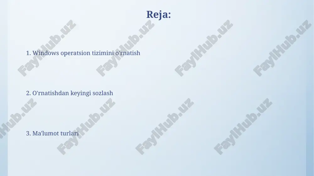 lining buzilishi yoki bios sozlamalari bilan bog'liq bo'lishi mumkin. buni tekshirish muhim. savollarga javob topish uchun microsoftning rasmiy hujjatlari va forumlaridan foydalanish tavsiya etiladi, chunki ularda aniq yo'riqnomalar va 95% aniqlikdagi echimlar mavjud. tizimni sozlash va optimallashtirish disk defragmentatsiyasi - bu qattiq diskdagi bo'sh joylarni birlashtirib, fayllarni 10-15% tezroq yuklash imkoniyatini beradi, bu esa tizim samaradorligini oshiradi. windows update sozlamalarida bandwithni optimallashtirish orqali, yuklab olish tezligini 40% ga oshirish va fon jarayonlarini kamaytirish, umumiy ishlash tezligini oshirish mumkin. windows o’rnatish jarayoni: qadam-baqadam qo’llanma o'rnatish davomida disk bo'limlarini yaratish, o'chirish yoki formatlash imkoniyati mavjud. 'formatlash' jarayoni diskdagi barcha ma'lumotlarni o'chirib, yangi fayl tizimini o'rnatadi. mahsulot kalitini kiritish (25 ta belgidan iborat) aktivatsiya uchun zarur. litsenziya kelishuvini qabul qilish va moslashtirilgan sozlamalarni tanlash muhim bosqichlardir. e'tiboringiz uchun rahmat @taqdimot_robot image4.png image6.jpg image7.jpg image8.jpg image9.jpg image10.jpg image11.jpg image12.jpg image3.jpeg