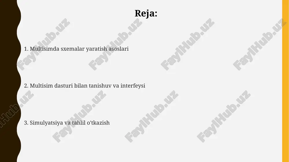 omponentning piniga 90 graduslik burchak ostida chizing. maslahatlar va xatolarni tuzatish komponent qiymatlarini 10% tolerans bilan tanlang; aks holda, simulyatsiya natijalari haqiqiy qurilmalardan farq qilishi mumkin, ayniqsa sezgir sxemalarda. sxemani loyihalashda topraklama to'g'ri ekanligiga e'tibor bering, chunki topraklamani noto'g'ri ulash simulyatsiyani to'xtatib qo'yishi yoki noto'g'ri natijalar berishi mumkin. multisimda virtual asboblar (multimetr, osiloskop) konfiguratsiyasini tekshiring. noto'g'ri sozlash noto'g'ri o'lchovlarga olib keladi, masalan, noto'g'ri voltaj diapazoni. asosiy o'lchov asboblari osiloskop vaqtga bog'liq bo'lgan kuchlanish signallarini vizual ravishda ko'rsatadi, chastota, amplituda va to'lqin shaklini o'lchash imkonini beradi, signal anomaliyalarini aniqlash uchun ham ishlatiladi. multimetr - bu tok kuchini amperlarda, kuchlanishni voltlarda va qarshilikni ohmlarda o'lchash uchun ishlatiladigan muhim asbob, ac va dc signallarni aniqlik bilan aniqlash imkonini beradi. funksiya generatori 1 hz dan bir necha mhz gacha bo'lgan turli xil to'lqin shakllarini (sinus, to'rtburchak, uchburchak) yaratadi, bu elektron sxemalarni sinovdan o'tkazish va signal xususiyatlarini tahlil qilishda juda foydali. multisim dasturi bilan tanishuv …
