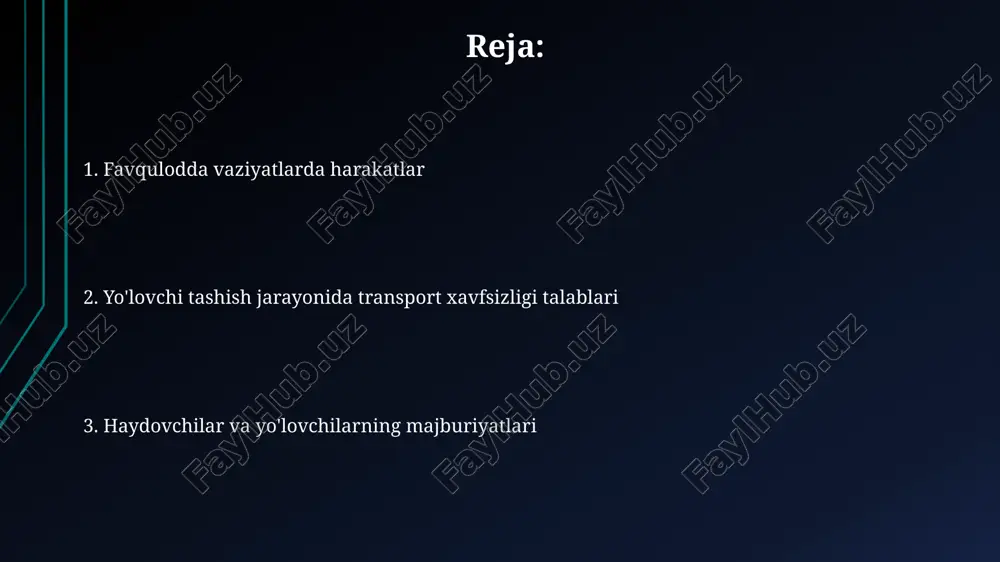 ezlik rejimiga amal qilishi va yo'lovchilar xavfsizligini ta'minlashi shart, aks holda javobgarlikka tortilishi mumkin. yo'lovchi tashish transport vositalari o'z dst 2222:2007 standartiga muvofiq bo'lishi shart, bu ularning texnik sozligi va xavfsizligini kafolatlaydi, hamda belgilangan davriy texnik ko'rikdan o'tgan bo'lishi zarur. haydovchiga qo'yiladigan xavfsizlik talablari haydovchi kamida 3 yillik haydovchilik tajribasiga ega bo'lishi va d toifali haydovchilik guvohnomasiga ega bo'lishi shart, bu esa 20 dan ortiq yo'lovchini tashish imkonini beradi. yo'lga chiqishdan oldin, haydovchi transport vositasining texnik sozligini tekshirishi, xususan, tormoz tizimi, rul boshqaruvi va yoritish moslamalarining yaxshi ishlashiga ishonch hosil qilishi lozim. yo'lovchi tashish jarayonida transport xavfsizligi talablari: kirish yo'lovchi tashishda transport xavfsizligi talablari 201-sonli qonunga muvofiq amalga oshiriladi, bu transport vositasining texnik sozligini va haydovchining malakasini nazorat qilishni o'z ichiga oladi. yo'lovchilar tashish jarayonida avtobuslarda xavfsizlik kamarlaridan foydalanish, bolalar uchun maxsus o'rindiqlarni ta'minlash va tezlikni 80 km/soatdan oshirmaslik qoidalariga qat'iy rioya etish zarur. e'tiboringiz uchun rahmat @taqdimot_robot image2.jpg image3.jpg …