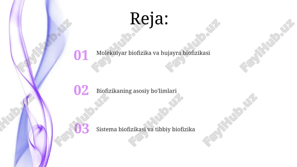 ini, masalan, oqsilning ligand bilan bog'lanishini termodinamik modellar yordamida tahlil qilishadi. organizm biofizikasi organizm biofizikasi, turli xil fiziologik jarayonlar (masalan, harakat, nafas olish) mexanizmlarini 10^-9 metrdan to butun organgacha o'lchamlarda biofizikaviy usullar orqali o'rganadi. organizm biofizikasi yurak-qon tomir tizimi, asab tizimi va boshqa muhim tizimlarining biofizik qonuniyatlarini, shu jumladan qon oqimining mexanikasi va nerv impulslarining tarqalishini 10^-1 sekundda tahlil qiladi. ushbu bo'limda, ion kanallari orqali ionlarning o'tishi kabi membranadagi jarayonlar, potensiallar farqi va hujayralarning elektr xususiyatlari 10^-3 volt aniqlikda o'rganiladi. nazariy biofizika va modellashtirish nazariy biofizika matematik modellar va kompyuter simulyatsiyalaridan foydalanib, biologik tizimlarning xususiyatlarini, masalan, oqsil katlanishi va ion kanal o'tkazuvchanligini o'rganadi. nazariy biofizika biologik jarayonlarni, jumladan, ferment katalizi va signal uzatish yo'llarini matematik jihatdan modellashtiradi va ularning kinetikasi va termodinamikasini miqdoriy baholaydi. ushbu soha molekulyar dinamika simulyatsiyalari va kvant mexanik hisoblashlar kabi usullarni qo'llab, biomolekulalarning strukturasi va funksiyasini 3d formatda tushuntirishga yordam beradi. sistema biofizikasi u hujayralararo aloqa, …