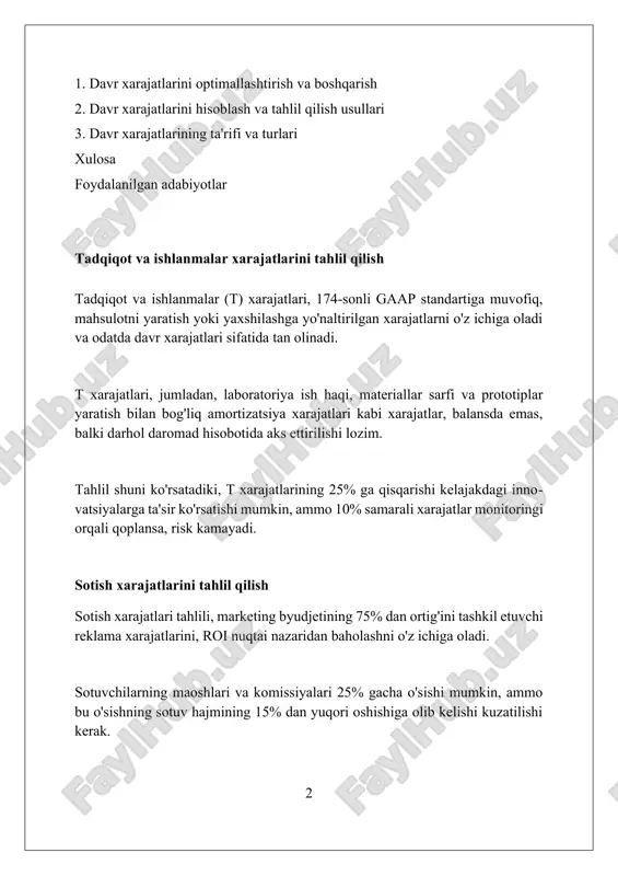 'rsatkichlarni tekshiradi. davr xarajatlarining ta'rifi ushbu xarajatlar sotilgan mahsulot tannarxiga kiritilmaydi, balki hisobot davri daromadlari hisobidan to'g'ridan-to'g'ri xarajat qilinadi, odatda har chorakda. davr xarajatlari mahsulot bilan bevosita bog‘liq bo‘lmagan, balki muayyan davr ichida qilingan xarajatlardir; masalan, ijara haqi 12 oylik davr uchun bo'lishi mumkin. davr xarajatlariga misol bo'lib marketing xarajatlari, ma'muriy xarajatlar va tadqiqot xarajatlari kiradi; ularning barchasi biznesning muvaffaqiyatiga yordam beradi. davr xarajatlarining moliyaviy hisobotlarga ta'siri davr xarajatlari kompaniyaning moliyaviy ko'rsatkichlariga ta'sir qiladi; ularni nazorat qilish va boshqarish foydadorlikni yaxshilash va operatsion samaradorlikni oshirish uchun juda muhimdir. davr xarajatlari daromad hisobotida sotilgan tovarlar tannarxiga kiritilmaydi, balki yuzaga kelgan davrda to'g'ridan-to'g'ri xarajat sifatida tan olinadi, sof foydaga ta'sir qiladi. moliyaviy hisobotdagi davr xarajatlari balansda aks etmaydi, chunki ular aktiv sifatida kapitalizatsiya qilinmaydi; ular hisobot davrida daromad hisobotida xarajat sifatida ko'rsatiladi. davr xarajatlariga misollar tadqiqot va ishlanmalar (r) xarajatlari, ayniqsa, yangi mahsulotlarni yaratishga qaratilgan xarajatlar, davr xarajatlari hisoblanadi va ular sodir …