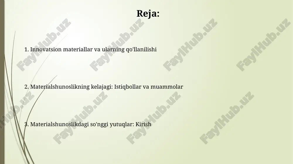 , katalizatorlarda va energiyani saqlash qurilmalarida reaktivlikni oshiradi. avtomobilsozlik sanoati uchun materiallar o'z-o'zini davolovchi polimer qoplamalar avtomobil bo'yoqlari uchun 80% gacha tirnalishlarni kamaytiradi va korroziyaga chidamliligini 5 barobar oshiradi. uglerod tolasi kompozitlari avtomobil qismlarida metallarni almashtirib, vaznni 50% gacha kamaytiradi va 100 gpa dan ortiq kuchlanishga chidamliligini ta'minlaydi. biomateriallar va tibbiyotda ularning roli bioaktiv keramika, masalan, gidroksiapatit, tish implantlarida ishlatiladi, u suyak bilan kimyoviy bog'lanadi, osteointegratsiyani ta'minlaydi va implantatsiya muvaffaqiyatini 95% gacha oshiradi. polilaktid kislotasi (pla) kabi biodegradatsiyalanadigan polimerlar jarrohlik choklarida qo'llaniladi, ular 12-24 oy ichida gidroliz yo'li bilan parchalanadi va tikuvni olib tashlash zaruratini yo'q qiladi. ekologik toza materiallar bioplastmassalar, masalan, makkajo'xori kraxmalidan tayyorlangan pla, an'anaviy plastmassalarga nisbatan 68% kam energiya sarflaydi va kompostda parchalanadi. yangi avlod yog'och materiallari, masalan, o'zgartirilgan yog'och, chidamlilikni 50 yilgacha oshiradi, toksik kimyoviy moddalarni ishlatmasdan va biologik parchalanishga imkon beradi. kompozit materiallarning rivojlanishi uglerod tolali polimerlar (cfrp) avtomobilsozlikda tobora ommalashmoqda, chunki ular po'latdan 5 …