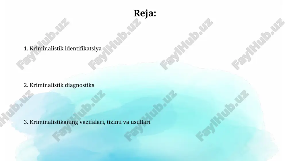 va kimyoviy reaksiyalar kabi ilmiy-texnik vositalarni qo'llaydi, misol uchun, matolardagi 0.05 gramm qon izlarini aniqlash uchun ishlatiladi. diagnostika usullari jinoyat sodir etish mexanizmini rekonstruksiya qilishga yordam beradi, masalan, o'q otish masofasi 3 metrdan oshganligini balistik ekspertiza orqali aniqlash imkonini beradi. jinoyatchilikning vazifalari jinoyatchilikning vazifalaridan biri – sodir etilgan jinoyat izlarini aniqlash, ularni qayd etish va tegishli ekspertizalar uchun 123 raqamli protokolda rasmiylashtirish orqali dalillarni yig'ishdir. jinoyatchilikning muhim vazifalaridan biri bu - jinoyatda foydalanilgan qurollar (masalan, pichoq, to'pponcha) va boshqa ashyoviy dalillarni ekspertiza qilish orqali jinoyatchining shaxsini aniqlash usullarini ishlab chiqishdir. kriminalistik ekspertizalar kriminalistik ekspertizalar 1960-yillardan boshlab o'zbekistonda huquqni muhofaza qilish organlariga dalillarni aniqlash va tahlil qilishda yordam berish uchun rivojlangan. daktiloskopiya ekspertizasi barmoq izlarining unikal naqshlarini tahlil qiladi, ularni jinoyat joyidan topilgan izlar bilan taqqoslaydi va identifikatsiya ehtimolini baholaydi. identifikatsiya ob'ektlari va sub'ektlari identifikatsiya sub'ektlari - bu aniqlashni amalga oshiruvchi shaxslar, ekspertlar yoki tergovchilar bo'lib, ular maxsus bilim va ko'nikmalarga …