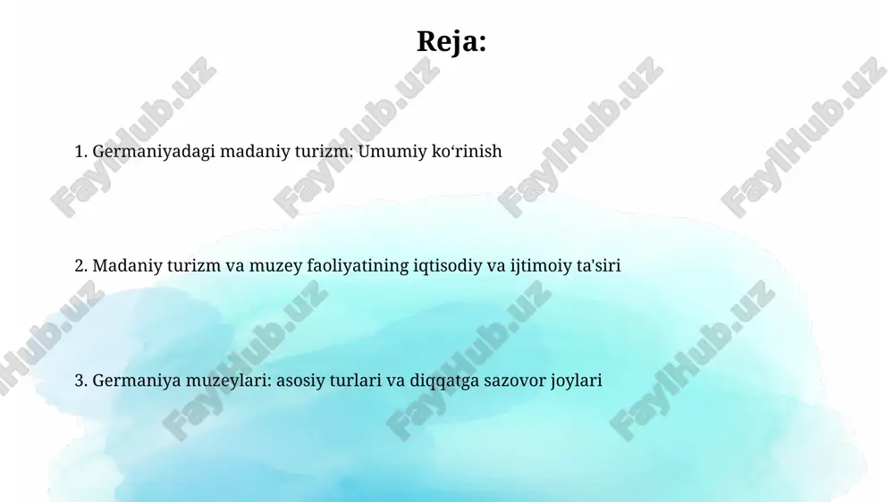 lanadilar, bu esa eksponatlar bilan interaktivlikni oshiradi va o'tmishga sayohatni ta'minlaydi (masalan, 17-asr). muzeylarning turlari va yo'nalishlari germaniyada tarixiy muzeylar, masalan, deutsches historisches museum, mamlakatning siyosiy va ijtimoiy rivojlanishini taqdim etadi hamda eksponatlar orqali muhim voqealarni ochib beradi. texnika muzeylari, deutsches museum munich kabi, fan va texnikaning rivojlanishini koʻrsatadi, interaktiv eksponatlar orqali texnologiyaning jamiyatga taʼsirini tushuntiradi. muammolar va imkoniyatlar germaniyadagi madaniy merosning haddan tashqari ekspluatatsiyasi mahalliy madaniyatning buzilishiga olib kelishi mumkin, shuning uchun muvozanatni saqlash juda muhim. madaniy turizmda aniq byudjetlar va moliyalashtirish manbalari yetishmasligi ko'pincha loyihalar amalga oshishiga to'sqinlik qiladi, bu esa sifatni pasaytiradi. germaniyadagi muzeylarning qisqacha tarixi ikkinchi jahon urushidan so'ng, muzeylar qayta tiklandi va yangi yo'nalishlar paydo bo'ldi. xotira muzeylari va tarixiy obidalarni saqlashga alohida e'tibor qaratildi. xxi asrda germaniya muzeylari interaktivlik va texnologiyalarni keng qo'llamoqda. onlayn kolleksiyalar va virtual turlar orqali auditoriyani jalb qilish kuchaydi. xulosa muzeylarga tashrif buyuruvchilarning 60% dan ortig'i yevropa ittifoqi davlatlaridan kelgan …