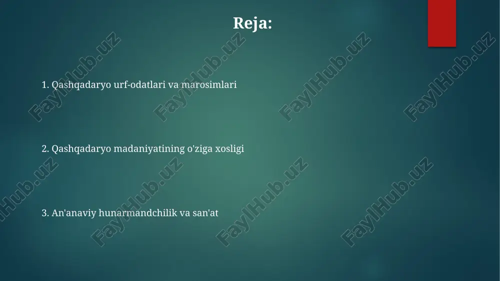 ilaviy qadriyatlar va turmush tarzi mehmondo'stlik qashqadaryo xalqining ajralmas qismi bo'lib, mehmon kutish katta sharaf sanaladi. mehmonlarga doim dasturxon yozilib, kamida 3 turdagi taom tortiq etiladi. qashqadaryo oilalarida katta avlod vakillarining roli juda muhim. ularning tajribasi va maslahatlari yosh oilalar uchun yo'l-yo'riq bo'lib, oilaviy an'analarning 5 avlodgacha saqlanishiga hissa qo'shadi. qashqadaryo oilalarida erta turmush qurish holatlari, ayniqsa qishloq joylarida, 18-20 yosh oralig'ida keng tarqalgan bo'lib, bu oilaviy mas'uliyatni erta bo'yniga olish bilan bog'liq. qashqadaryo til va dialektlari qashqadaryo tilida 'kelmoq' fe'lining 'keyivormoq' shakli keng tarqalgan, bu adabiy til me'yorlaridan farq qilib, taxminan 7-8 ta kichik shevalarda uchraydi. qashqadaryo shevalarida 'o'rniga' qo'llaniladigan 'orada' so'zi, adabiy tilda 'ichida' ma'nosini anglatadi, bu esa 5-6 ta asosiy dialekt guruhlarida farqlanadi. qashqadaryo dialektlarida unlilarning reduksiyasi kuzatiladi, masalan, 'kitob' so'zi 'kitp' deb talaffuz etilishi mumkin, bu fonetik xususiyat 3-4 ta asosiy shevada namoyon bo'ladi. qashqadaryo madaniyatining turizmga ta'siri qashqadaryoning an'anaviy hunarmandchiligi, xususan, gilamdo'zlik va kashtachilik turizmni …