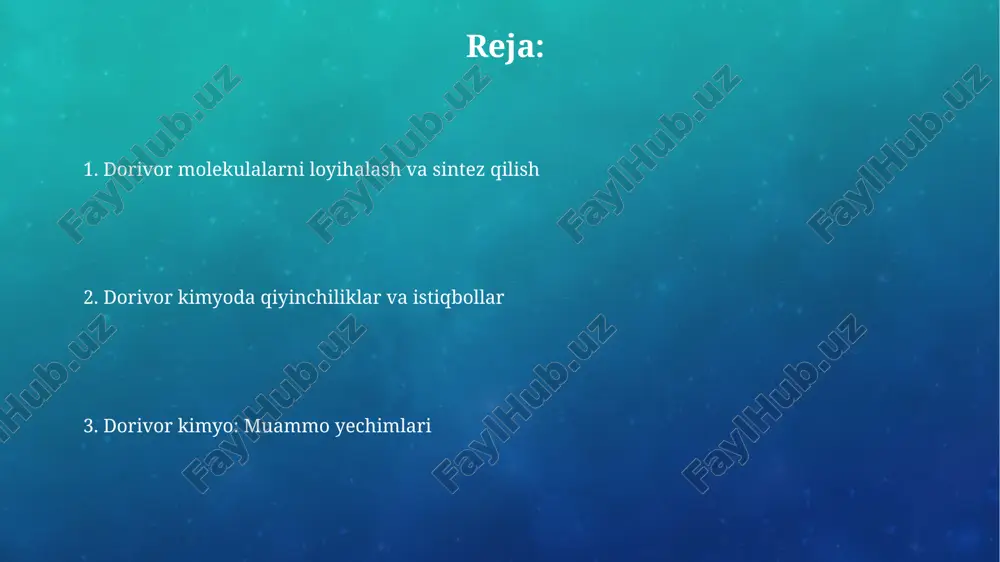 ochib berishi mumkin. sar molekulaning tuzilishi va uning biologik faolligi o'rtasidagi bog'liqlikni o'rganadi, masalan, halqa o'rnini o'zgartirish ic50 qiymatiga ta'sirini tahlil qilish orqali. xulosa xulosada olingan 10 mg/kg dozaning samaradorligi yoki salbiy ta'sirlari kabi muhim miqdoriy ma'lumotlar taqdim etilib, asosiy argumentlar mustahkamlanadi. xulosada tadqiqotning cheklovlari (masalan, 72 soatlik kuzatuv davri) va kelajakdagi tadqiqotlar uchun 2-3 ta istiqbolli yo'nalishlar ko'rsatiladi. dorivor kimyoning kelajakdagi yo'nalishlari gen terapiyasi va rnk asosidagi dorilar rivojlanishi genetik kasalliklarni aniq davolashni va'da qiladi, shuningdek, yangi dori vositalarini sintez qilish uchun noyob maqsadlarni ochadi. yangi dori maqsadlari proteomikaga asoslangan holda aniqlanadi, bu esa kasalliklarni davolash uchun yangi biomolekulyar strategiyalarni yaratadi va muvaffaqiyat ehtimolini oshiradi. kimyoviy optimallashtirish va dori xususiyatlarini yaxshilash dori xususiyatlarini yaxshilash, masalan, og'iz orqali qabul qilinganda bioavailabilityni 10% dan 90% gacha oshirish, toksiklikni kamaytirish va barqarorlikni oshirishni o'z ichiga oladi. farmakokinetikani yaxshilash maqsadida, molekulyar og'irlikni 500 daltondan past darajada saqlash va suvda eruvchanlikni oshirish uchun polar …