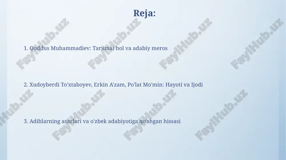 kundagi ahamiyati va o'rganilishi quddus muhammadievning asarlari yosh avlodni milliy g'urur ruhida tarbiyalashda muhim ahamiyatga ega, ayniqsa, xxi asr globallashuvi sharoitida bu dolzarbligi oshib bormoqda. quddus muhammadievning ijodi adabiyotdagi milliy o'zlikni saqlash va rivojlantirishda muhim rol o'ynaydi, bu esa 2030-yilgacha mo'ljallangan milliy taraqqiyot strategiyasi uchun ham muhimdir. mustaqillik yillarida adabiy tanqid va baholash mustaqillik davrida adabiy tanqidda xolislik va haqqoniylik mezonlari kuchaydi, 1990-yillardan so'ng eski mafkuraviy tazyiqlardan xalos bo'lish imkoni yaratildi. tanqidchilar 2010-yillarda postmodernizm va yangi realizm kabi adabiy yo'nalishlarni tahlil qilishda professional yondashuvlarni qo'llashga intilishdi, 21-asr adabiyoti rivojini o'rganishdi. ularning asarlarida milliy o'zlik va qadriyatlar to'xtaboyev asarlarida bolalarning ibratli xatti-harakatlari orqali milliy odob-axloq qoidalari, 10 dan ortiq an'analari, 50 dan ziyod urf-odatlari aks etgan. mo'minning she'riyatida vatan tuyg'usi, milliy g'urur, 70 dan ziyod xalq maqollari va iboralaridan foydalanish orqali 40 dan ortiq qadriyatlar targ'ib qilinadi. quddus muhammadiev: tarjimai hotirolar "tarjimai hotirolar"da o‘sha davr ziyolilari, jumladan, g‘afur g‘ulom, oybek va …