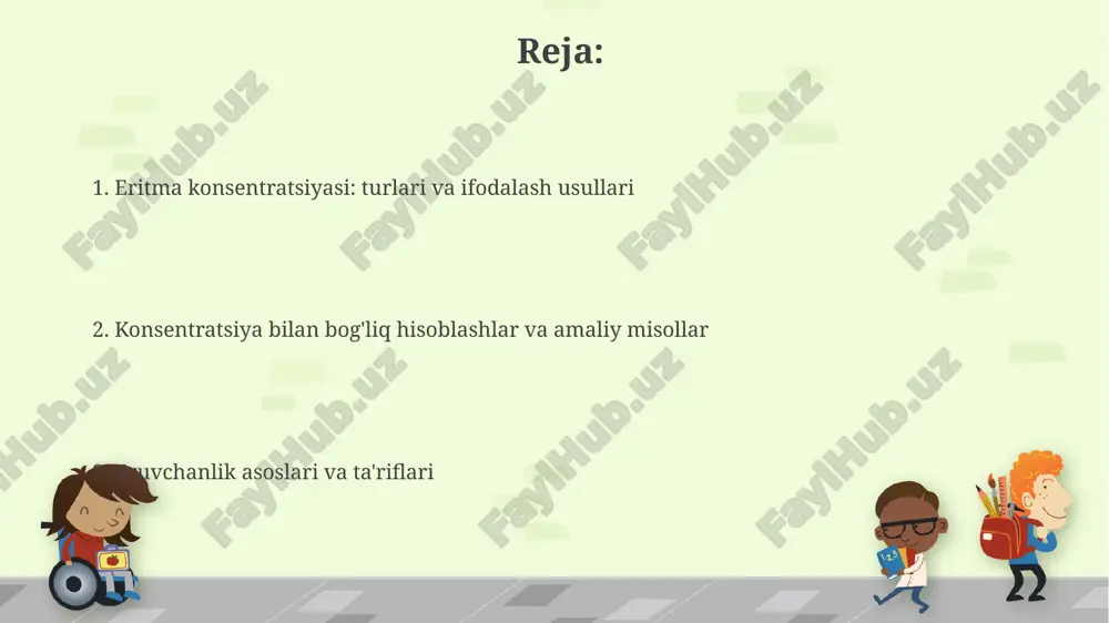 g'indisini umumiy hajmga bo'lish kerak: (mol1 + mol2) / vtotal. eruvchanlik muvozanati va eruvchanlik mahsuloti (ksp) agar ion mahsuloti (q) ksp dan katta bo'lsa, eritma o'ta to'yingan bo'ladi va cho'kindi hosil bo'ladi. q ksp ga teng bo'lsa, eritma muvozanatda bo'ladi, q ksp dan kichik bo'lsa, eritma to'yinmagan bo'ladi. eruvchanlik mahsuloti (ksp) ma'lum bir haroratda to'yingan eritmadagi ionlar konsentratsiyalarining ko'paytmasini ifodalaydi va eruvchanlik darajasini aniqlaydi. ksp qiymati qanchalik katta bo'lsa, eruvchanlik shunchalik yuqori. molalitet: ta'rif va hisoblashlar agar 2 mol natriy xlorid 1 kg suvda eritilgan bo'lsa, molalite 2 mol/kg yoki 2 m ga teng bo'ladi. molalite, ayniqsa, kollegativ xossalarni aniqlashda foydalidir. molalite - bu erituvchining kilogrammiga (1000 g) to'g'ri keladigan erigan moddaning mol soni. u temperaturaga bog'liq emas, zichlik o'zgarishiga qaramay, aniq konsentratsiyani beradi. eruvchanlik: asosiy tushunchalar eruvchanlik moddaning ma'lum haroratda erituvchining berilgan miqdorida erishi mumkin bo'lgan maksimal miqdorini anglatadi, masalan, 25°c da 36 g nacl 100 g suvda eriydi. …
