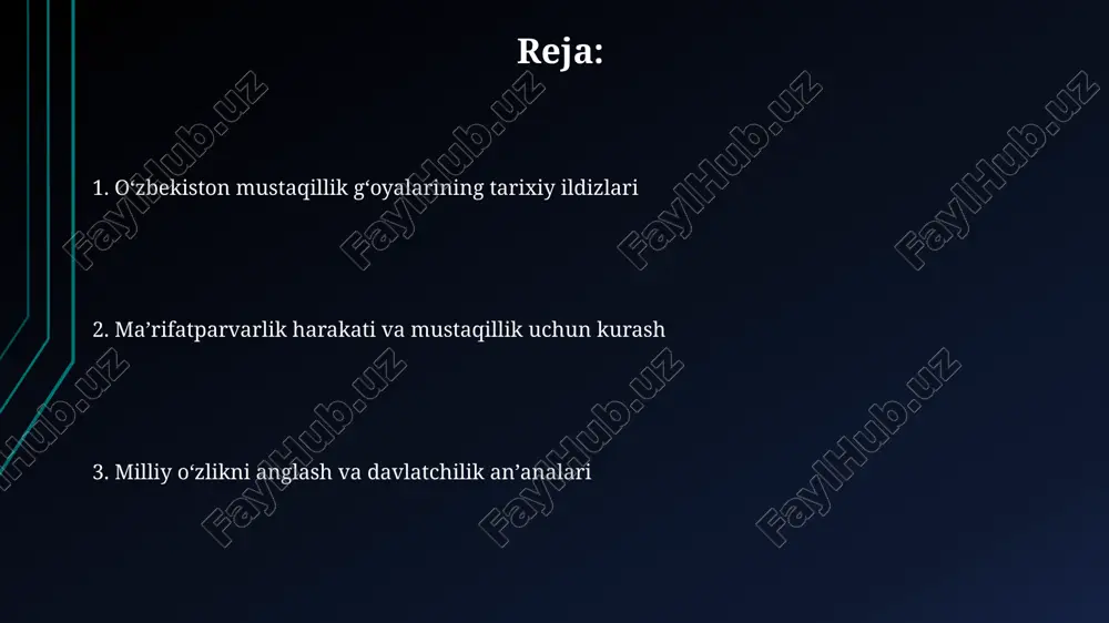 r qaratildi. turkiston muxtoriyati 1917-yil noyabrda qo'qonda e'lon qilingan bo'lib, u rossiya imperiyasi tarkibida o'zini o'zi boshqarishga intilgan birinchi urinish edi. ma'rifatparvarlik harakati va milliy uyg'onish milliy uyg'onish davrida abdulla qodiriyning "o'tkan kunlar" romani milliy o'zlikni anglashga katta ta'sir ko'rsatdi, 1920-yillarda. ma'rifatparvarlik harakati 19-asr oxiri va 20-asr boshlarida turkistonda jadid maktablari orqali ma'rifatni yoyishga intildi. o'zbek ziyolilarining faoliyati mustaqillik arafasida, 1980-yillarning oxirida, ziyolilar "birlik" harakatida faol ishtirok etib, o'zbek tiliga davlat maqomini berishga erishdilar. ziyolilar "turkiston jadidlari" harakatida faol qatnashib, 1905-1917 yillarda milliy o'zlikni anglash va maktablarni isloh qilishga intilishdi. o'zbekiston mustaqilligi g'oyalarining tarixiy ildizlari: kirish o'zbek xalqining mustaqillik intilishlari 14-asrda amir temurning markazlashgan davlat tuzish harakatlarida yaqqol namoyon bo'ldi, bu esa milliy davlatchilik an'analarini shakllantirdi. sovet davrida milliy ziyolilarning 1930-yillardagi qatag'onlari, o'zbek xalqining milliy ruhini sindirishga qaratilgan bo'lsada, yashirin mustaqillik g'oyalarining saqlanib qolishiga sabab bo'ldi. ma'naviy yuksalish va milliy o'zlikni anglash xx asr boshlarida jadidchilik harakati milliy o'zlikni anglashga …