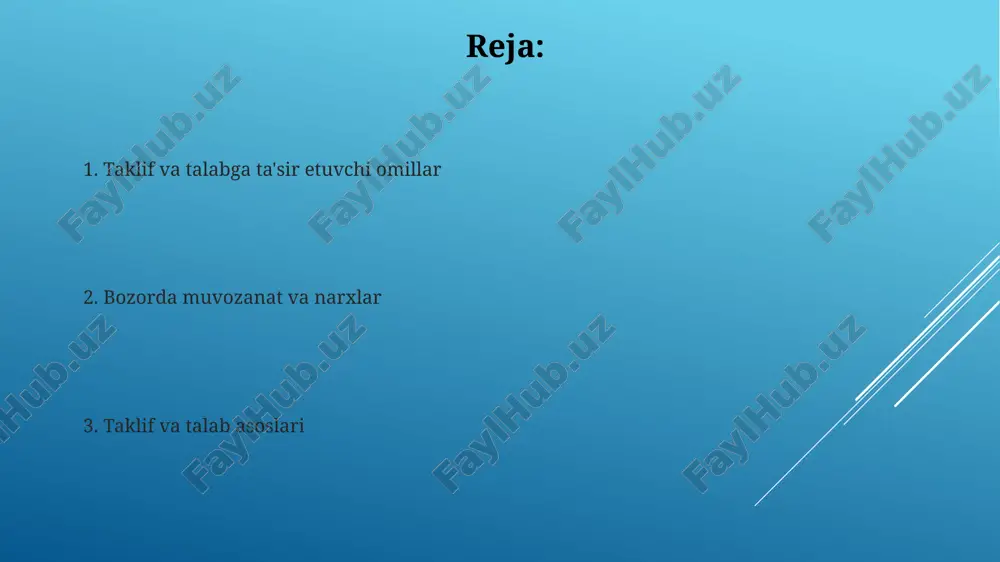 bog'lanishni ifodalaydi. agar mahsulotning bozor narxi 15 foizga oshsa, taklif qonuniga ko'ra, ishlab chiqaruvchilar ko'proq foyda olish umidida taklif hajmini ham 10-20 foizga oshirishga harakat qiladi. bozor muvozanatining o'zgarishi taklifning kamayishi, masalan, ishlab chiqarish xarajatlarining oshishi sababli, bozor muvozanatini yangi, yuqori narx va kamroq miqdorga siljitadi, bu defitsitga olib kelishi mumkin. talab egri chizig'ining o'ngga siljishi muvozanat narxini oshiradi va muvozanat miqdorini ko'paytiradi, bu iste'molchilarning mahsulotga bo'lgan qiziqishining ortishini aks ettiradi. amaliy misollar paxta narxi jahon bozorida oshishi bilan o'zbekistonda paxta yetishtirish hajmi 15% ga ko'paydi, bu talabning oshishi va yetkazib berishni rag'batlantirishga misol bo'ladi. elektr energiyasiga talab yozda 30% ga oshishi hisobiga uzilishlar soni ko'paydi, bu esa ta'minotning cheklanganligi tufayli narxlar oshishiga olib kelishi mumkin. talab va taklif egri chiziqlari muvozanat nuqtasi talab va taklif egri chiziqlari kesishgan joyda hosil bo'ladi, bu bozor narxini aniqlaydi, bunda xaridorlar sotuvchilar bilan teng miqdorda savdo qiladilar. agar talab oshsa, talab egri chizig'i …