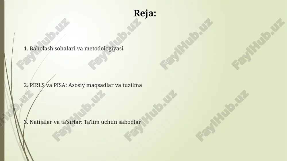 azmunini aniqlash, xulosalar chiqarish, baholash va integratsiyalash kabi kognitiv jarayonlarini o'lchashga qaratilgan. pirls 4-sinf o‘quvchilarining matnni tushunish qobiliyatini baholaydi, ikki asosiy maqsadga yo‘naltirilgan: adabiy tajriba va ma’lumot olish uchun o‘qish. pirls natijalari davlatlarga o‘qish savodxonligi bo‘yicha tendensiyalarni kuzatish, ta’lim siyosatini takomillashtirish va 5 yilda bir marta xalqaro solishtirish imkonini beradi. pisa: o'quvchilarning bilim va ko'nikmalarini o'lchash pisa 15 yoshli o'quvchilarning o'qish, matematika va fanda bilimlarini, real hayotiy vaziyatlarda qo'llash qobiliyatini baholaydi, 3 yilda bir marta o'tkaziladi. pisa testlari o'quv dasturini emas, balki o'quvchilarning bilimlarni amalda qo'llash qobiliyatini tekshiradi, bu ularning kelajakdagi muvaffaqiyatini bashorat qiladi. pisa natijalari ta'lim siyosatini shakllantirish, ta'lim tizimini takomillashtirish uchun ishlatiladi, shuningdek, mamlakatlar o'rtasidagi taqqoslash imkonini beradi. asosiy natijalar va tendentsiyalar pirls ko‘rsatkichlari 4-sinf o‘quvchilarining matnni tushunish qobiliyatini baholaydi; oxirgi tadqiqotlar ayrim mamlakatlarda o‘qish savodxonligi bo‘yicha pasayish tendentsiyasini ko‘rsatmoqda. pisa matematik savodxonlik bo‘yicha natijalar 15 yoshli o‘quvchilarning kundalik hayotda matematik bilimlarini qo‘llash qobiliyatini aks ettiradi, ba'zi davlatlarda …