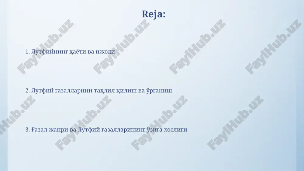 hom bergan, ularning asarlarida lutfiy uslubining ta'siri 4 ta asosiy yo'nalishda yaqqol ko'rinadi. xulosa ba'zan xulosada muallifning maqsadlari, asarning asosiy mavzusi va 1 yoki 2 ta muhim xabarni qamrab olgan holda, umumiy ta'siri haqida fikr bildiriladi. xulosa o'quvchilarga matnni tushunishga yordam beradi, chunki u asosiy voqealarni yoki argumentlarni jamlaydi va 3-4 asosiy fikrni qisqa tarzda taqdim etadi. g'azal janri va lutfiyning unga qo'shgan hissasi g'azal janrida lutfiy 200 dan ortiq asar yaratdi, ularda ishqiy tuyg'ular, insoniy iztiroblar va ma'naviy qadriyatlar 14-asr o'zbek adabiyotining yuksak namunasidir. lutfiyning g'azallari 5-12 baytdan iborat bo'lib, qofiyalanish sxemasi (aa, ba, ca, da...) orqali lirik qahramonning ichki dunyosini 15-asrda aks ettirgan. lutfiy asarlaridan namunalar: tahlil va talqin uning asarlarida 14-15-asrlar o'rta osiyo adabiy muhiti aks etgan. lutfiy g'azallarida tasavvufiy motivlar ham uchraydi, bu uning dunyoqarashiga ta'sirini ko'rsatadi. lutfiyning g'azallarida ishqiy kechinmalar 7-8 baytlarda tasvirlanadi, bunda real voqelik va majoziy ma'nolar uyg'unlashib, insoniy his-tuyg'ular chuqur ifodalanadi. kirish …