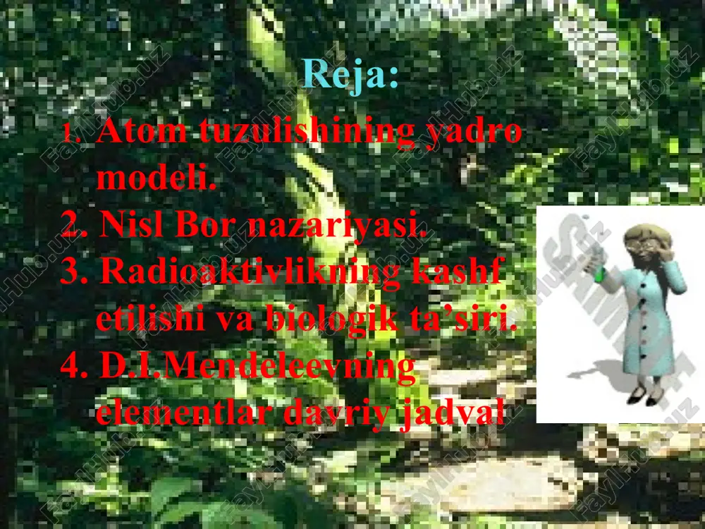 hastota 1896 yilda mariya va p’er kyurilar radioaktiv elementlarni kashf qildilar. p’er kyuri mariya kyuri radioaktivlikning meditsinada ahamiyati radioaktiv nurlardan rak, o’sma kasalliklarini, yodning radioaktiv izotopidan buqoq kasalliklarini davolashda foydalaniladi. rentgen nurlaridan a’zolardagi ma’lum bir anatomik o’zgarishlarni aniqlashda- diagnostika maqsadida foydalaniladi. davriy qonun 1869 yilda mendeleev tomonidan kashf etilgan. ta’rif: elementlarning hossasi ularning atom yadrosi zaryadining kattaligiga davriy ravishda bog’liqdir. d.i.mendeleev 1870 yilda kimyoviy elementlar davriy jadvali tuzildi. 23 element atomlari k,l,m,n,o,p,q qavatlardan iborat n= 2 x n2 masalan: n=1 n=2 x 12=2 n=2 n=2 x 22=8 n=3 n=2 x 32=18 n=4 n=2 x 42=32 2 8 18 32 s2 p6 d10 f14 s - p - d - f - na 11 3 na = 11 +11 2 8 1 1s2, 2s2, 2p6, 3s1       1s2 2s2 2p6 3s1 mustahkamlash: eng radioaktiv element nomini toping? a. qo’rg’oshin b. uran c. temir d. mis to’g’ri …