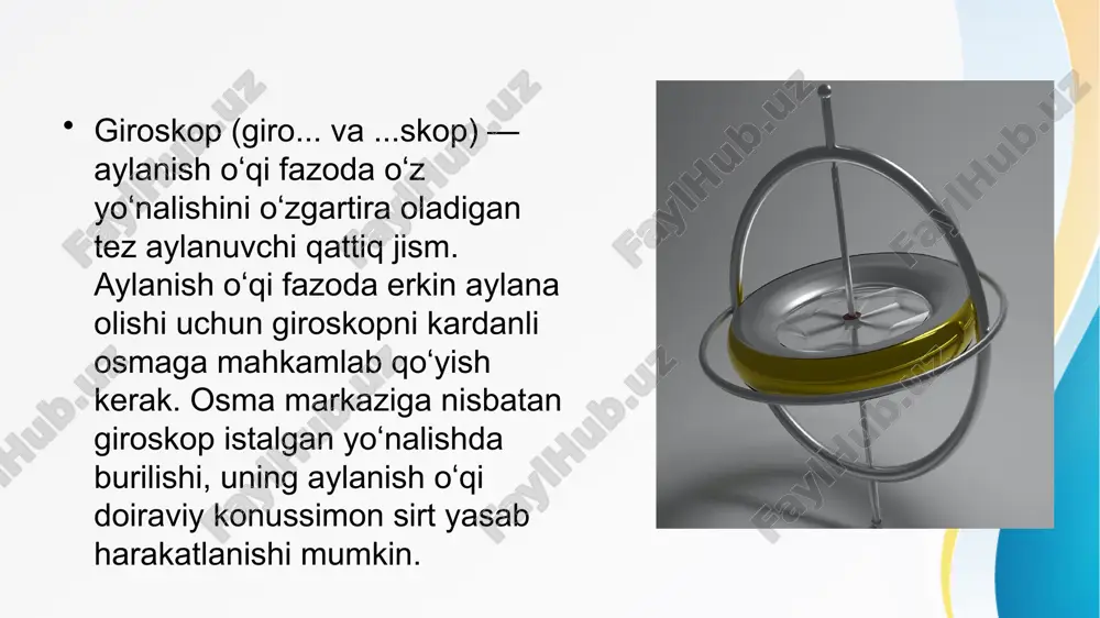 p giroskopning har qanday holda ham fazoda oʻz oʻqi yoʻnalishini oʻzgarishsiz saqlay olishi xossasidan samolyot, raketa, dengiz kemalari, torpedolar harakatini avtomatik tarzda saqlash uchun foydalaniladi (mas, avtopilot). kemalarda matroslarning osma toʻrkrovatlari giroskop xossasiga asoslangan (kema qanchalik chayqalmasin matroslar bemalol uxlab ketishaveradi). oz simmetriya o'qiga ega bo'lgan va shu o'q atrofida w burchakli tezlik bilan harakatlanuvchi bir jinsli va birorta o nuqtasi qo'zg'almas bo'lgan qattiq jismga giroskop deb ataladi. giroskopga qo'yiladigan eng asosiy talablardan yana biri , ya'ni jismning simmetriya o'qi atrofidagi aylanishining burchakli tezligi v , qo'zg'almas o nuqtasidan o'tuvchi simmetriya o'qining burchakli tezligidan juda katta bo'lishi shart. giroskopning oz o'qi, simmetriya o'qi bo'libgina qolmasdan, balki bosh markaziy inertsiya o'qi ham bo'lishligi kerak . ularning tortishish kuchiga qarshi turish qobiliyati, tortishish kuchi kabi, diskdagi moment ta'sirida bo'lgan burchak momentumining samarasidir. giroskopik prekretsiya yigiruvchi disk yoki g'ildirak.ushbu hodisa giroskopik harakat yoki giroskopik kuch deb ham ataladi va bu haqiqatan ham biz …