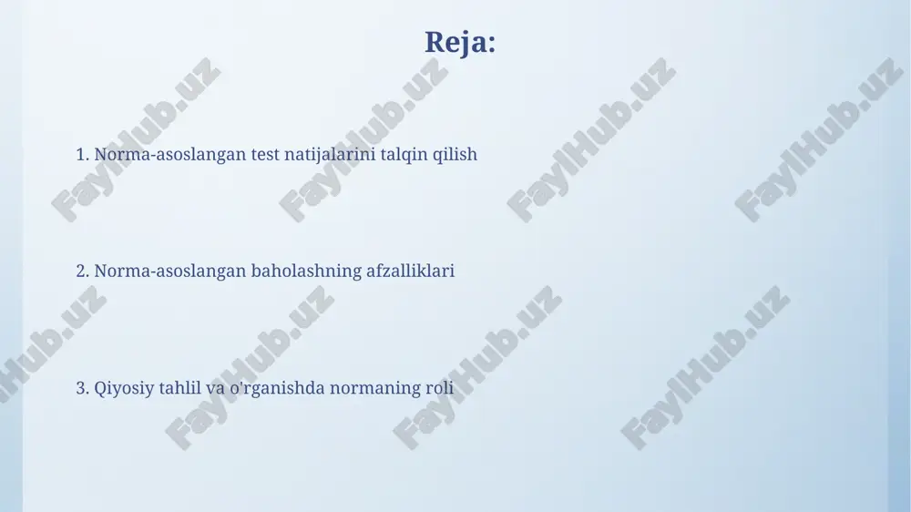 usul hisoblanadi. normativ baholash o'quvchilarning 75-percentil kabi standartlashtirilgan normaga nisbatan bajarilishini baholash uchun aniq ma'lumotlarni taqdim etadi. talabalarni saralash va guruhlash normativ baholash talabalarni o'zlashtirish darajasiga ko'ra saralashda yordam beradi, masalan, yuqori ko'rsatkichli 10% talabani aniqlash orqali ularga moslashtirilgan o'quv dasturlarini taklif etish imkonini beradi. talabalarni normativ ko'rsatkichlar bo'yicha guruhlash, 3-darajadagi (o'rtacha) talabalarni aniqlash va ularga individual yordam ko'rsatish imkonini yaratadi, umumiy ko'rsatkichdan past bo'lganlarni ajratib olish osonlashadi. ishonchlilik va haqiqiylik ishonchlilik, test natijalarining takrorlanuvchanligini baholaydi. yuqori ishonchlilik koeffitsienti (masalan, 0.85+) shuni ko'rsatadiki, test natijalari barqaror va ishonchli. o'lchov xatoligini kamaytirish orqali, 95% ishonch intervali kabi usullar bilan ishonchlilikni oshirish mumkin. haqiqiylikni esa ekspert baholashlari orqali mustahkamlash lozim. ma'lumotlarni tahlil qilishning qulayligi oddiy statistik usullar, masalan, o'rtacha qiymatni (mean) hisoblash va standart og'ishni aniqlash, normativ-yo'naltirilgan test natijalarini tahlil qilishda qo'llaniladi, bu esa interpretatsiyani soddalashtiradi. ballarni foiz darajasiga aylantirish, imtihon topshiruvchilarning nisbiy o'rnini aniqlashga yordam beradi; masalan, 85-persentil balli, imtihon topshiruvchilarning …