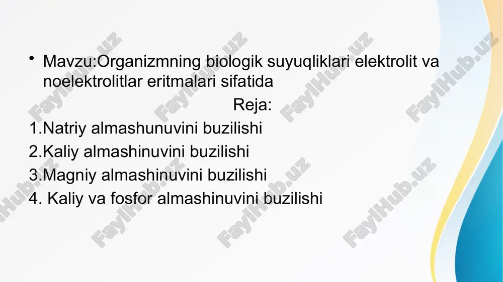 . k+-ni etishmasligi xuddi na+niortiqchaligi­dagidan effekt ko’rsatadi. manfiy k balansi: – ovqat tarikibida k+ kam bo’lsa; – kusish va ich ketishida yo’qolsa; – kortikotropin va glyukokortikoidlar ko’i ko’llanilsa. gipokaliemiya bo’lganda buyraqdan h+lari chiqarib yuboriladi va alkaloz rivojlanadi. uzoq vaqt gipokaliyemiya bo’lsa hujayrada k- kamayadi va oqibatda muskullar bo’shashadi, oshqozon ichak harakati susayadi, tomirlar tonusi pasaydi, taxikardiya kuzatiladi. ekg q-t uzayadi, t-pasayadi. musbat k balansi: – ovqatda ko’p miqdorda k+ bo’lsa, – buyrakdan chiqishi buzilganda, – to’qimalar parchalanganda, – insulin etishmaganda giperkaliyemiyada bradikardiya, muskullar parzi bo’lib yurak dias­tolada to’xtab qoladi. k – dam olish elektroliti bo’lib, atsetilxolinni sintezini tezla­tadi. mgni – organizmdagi miqdori 24 g. uni 50% skletda. mg – ugle­vodlarni parchalovchi fermentlar va fosfatazalarni qiladi. gipermagniyemiya ko’katlar no’xatlar ko’p istimol qilganda atsidoza va buyrak kasallarida bo’lib, depressiya qiladi va uyquga tortadi. gipomagniyemiya pankreatitlarda yog’ kislotalarini so’rilishini buzilishi natijasida mg so’rilishi buziladi va oqibatda tetaniya rivojlanadi xlor cl – ionlarini 85% …
