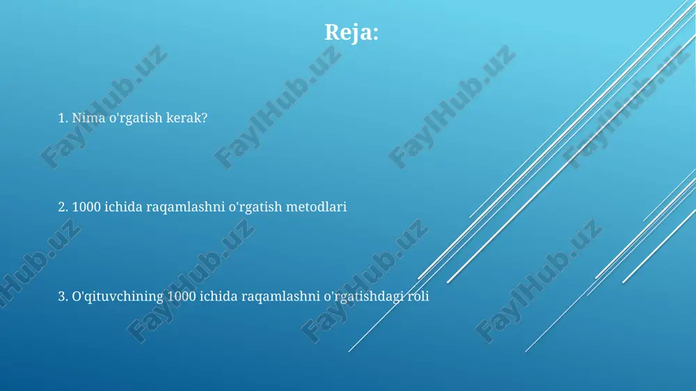 giyalari 1000 ichida raqamlashni o'rgatishda, sonlar tuzilishini tushuntirish, o'nlik, yuzlik, birlik tushunchalarini mustahkamlash, masalan, 345 raqamida 3 ta yuzlik bor. 1000 ichida raqamlash ko'nikmalarini rivojlantirishda, sonlarni taqqoslash muhim, , = belgilaridan foydalanish, 256 va 265 sonlarini solishtirganda 265 katta. raqamlashni o'rgatishda, son o'qidan foydalanish, 0 dan 1000 gacha bo'lgan oraliqda sonlarning joylashuvini vizual ravishda ko'rsatish, masalan, 450 va 550 orasidagi farqni. o'qitish kerak bo'lgan asosiy tushunchalar guruhlash va o'nlik asosdagi tizim tushunchasi muhim. 10 birlik 1 o'nlikni tashkil etadi, 10 o'nlik 1 yuzlikni tashkil etadi va hokazo, bu esa 1000gacha ko'tariladi. raqamlarni solishtirish va tartiblash uchun o'qituvchi o'quvchilarga 3 xonali sonlarni taqqoslash, katta, kichik yoki teng ekanligini aniqlashni o'rgatishi kerak. 1000 ichida joylashuv qiymatini tushunish, raqamlarning qiymatini (masalan, 325da 3 yuzlik, 2 o'nlik va 5 birlik) aniqlashni o'z ichiga oladi. baholash usullari va fikr-mulohazalar baholashda diagnostika usuli qo'llanilib, o'quvchining 5 ta asosiy qobiliyatidagi kamchiliklar aniqlanadi. so'ngra, 3 bosqichli tuzatish strategiyasi …