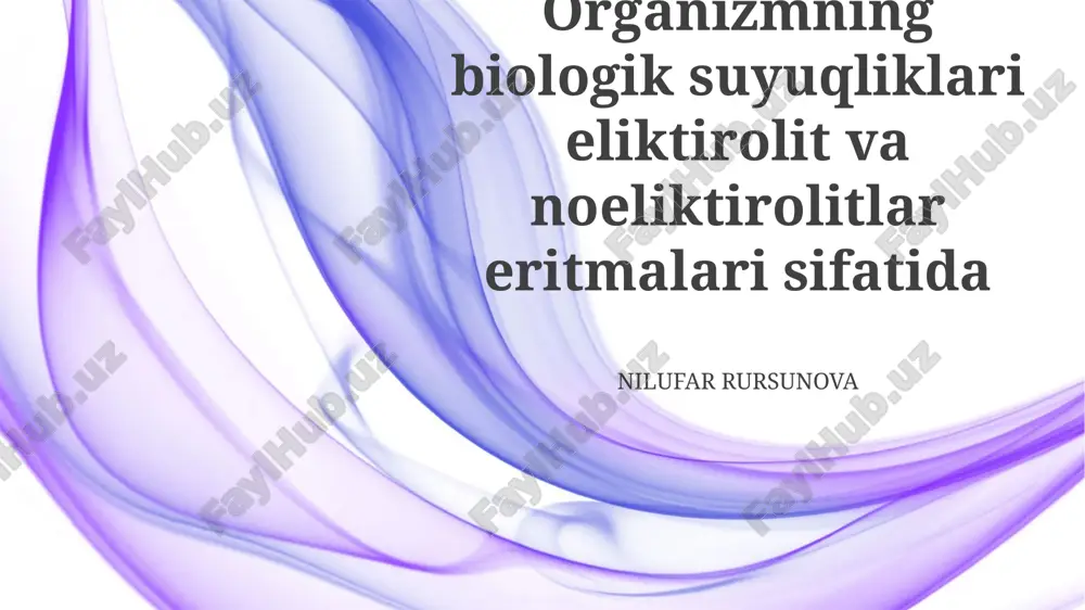 rolitlar va elektrolit bo'lmagan moddalarni o'z ichiga olgan eritmalardir. elektrolit bo'lmaganlar: tan olinmagan qahramonlar elektrolit bo'lmaganlar eritmada ionlarga ajralmaydi. ular biologik suyuqliklarning osmotik bosimi va suv muvozanatiga hissa qo'shadi. qon plazmasi: hayot suyuqligi diqqatning ahamiyati elektrolitlar va elektrolit bo'lmagan moddalar biologik suyuqliklarning muhim tarkibiy qismlari hisoblanadi. bu eritmalar asab impulslarini uzatish va mushaklarning qisqarish kabi muhim tana funktsiyalariga hissa qo'shadi. tibbiyotda qo'llanilishi: diagnostika va davolash elektrolit nomutanosibligi sog'liq muammolari belgisi bo'lishi mumkin va qo'shimchalar yoki dorilar bilan davolash mumkin. tan suyuqlari elektrolitlar va elektrolit bo'lmagan moddalardan iborat eritmalardir. biologik suyuqliklarga kirish elektrolitlar suvda eriydigan va elektr tokini o'tkazadigan moddalardir. hujayra ichidagi suyuqliklar: ichki dunyo ular hujayra faoliyati uchun juda muhim va barqaror ichki muhitni saqlab turadi. hujayra ichidagi suyuqliklar hujayralar ichida joylashgan. suv universal erituvchi hisoblanadi. suv biologik suyuqliklarning asosiy tarkibiy qismidir. e'tiboringiz uchun rahmat image4.jpg image5.jpg image6.jpg image7.jpg image8.jpg image9.jpg image10.jpg image11.jpg image12.jpg image13.jpg image14.jpg image15.jpg image16.jpg image17.jpg image18.jpg …