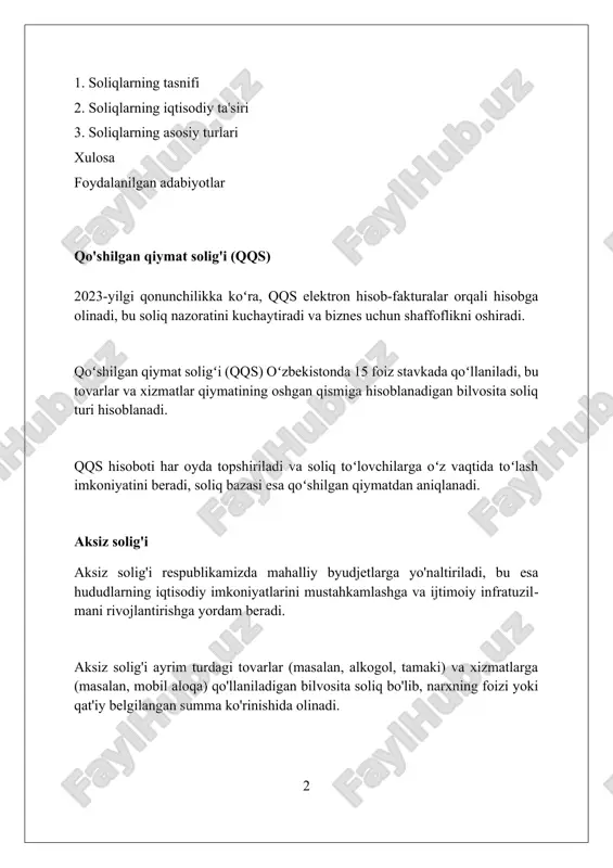 ig'i soliq stavkalari suv resurslarining turiga (yer usti, yer osti) va undan foydalanish maqsadiga (ichimlik, texnik) qarab har xil foizlarda belgilanadi hamda qonunchilikda mustahkamlanadi. suv resurslaridan foydalanish solig‘i, mahalliy byudjetlarga yo'naltiriladi va hududlarda suv infratuzilmasini yaxshilash, suvni tejash texnologiyalarini joriy etishga sarflanishi mumkin. suv resurslaridan foydalanish solig‘i hajmi suv olishning miqdori, suv sifatiga qo‘yilgan talablar va hududiy xususiyatlar kabi omillarga bog‘liq holda belgilanadi. yer solig'i yer solig'i o'zbekistonda yer uchastkalarining maydoniga, joylashuviga va sifatiga qarab belgilanadi, ya'ni uning miqdori 1 gektar uchun so'mda ifodalanadi. qishloq xo'jaligi yerlari uchun soliq stavkalari normativ qiymatga asoslanadi; 2023-yilda yerning normativ qiymati pasaytiruvchi koeffitsiyent bilan hisoblanadi, bu esa soliq yukini kamaytiradi. yuridik shaxslar yer solig'ini har chorakda to'laydilar, hisobot yilining 10-may, 10-avgust, 10-noyabr va keyingi yilning 10-fevral kunlarigacha to'lashlari shart. transport vositalari solig'i o'zbekistonda transport vositalari solig'ini to'lash muddati har yili 1-sentabrgacha, yuridik shaxslar uchun esa 1-iyulgacha amalga oshirilishi shart. imtiyozli toifaga kiruvchi shaxslar, masalan, …