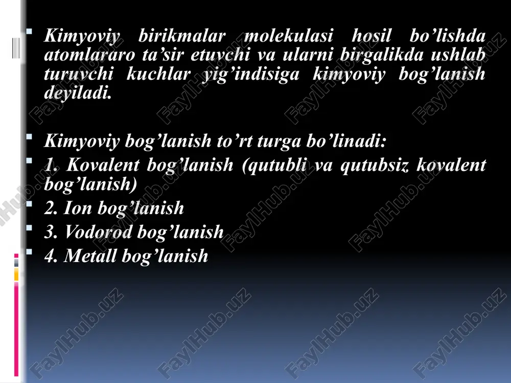 ng birikishidan vujudga keladi. na-e- na cl0+e-cl- ; na++cl-+ na+cl- ( nacl) ion bog’lanish koordinasion (donor-akseptor) bog’lanish. kovalent bog’lanishni o’zaro biriktiruvchi atomlardagi faqat birining elektron juftlari vujudga keltirish ham mumkin., masalan ammoniy nh4+ ionining hosil bo’lishini ko’raylik: nh3+h+nh4+ ammiak molekulasida azot bo’sh elektron juftiga ega. vodorod ionida esa 19 orbital-energetik yacheyka bo’sh n+1 nh3 bilan n+ o’zaro birikishida azotdagi bir juft elektron azot va vodorod atomlari uchun umumiy bo’lib qoladi, natijada tarkibida to’rtta juft elektron bo’shab nh4+ ioni hosil bo’ladi. kimyoviy bog’lanish vujudga elishi uchun, o’zining elektron juftini beradigan atom yoki ion donor, bu elektron juftni o’zini bo’sh orbitallarini to’ldirish uchun foydalanadigan atom yoki ion akseprot deyiladi. shuning uchun ham bunday bog’lanishni donor-akseptor yoki koordinasion bog’lanish deyiladi. donor-aktseptor bog'lanish bir elementga ortiqcha juft elektroni ikkinchi bo’sh orbitasi hisobiga koordinasion bog’ hosil bo’ladi. qutubli kovalent bog’lanish 15 vodorod bog’lanish. molekulasi tarkibida vodoroddan boshqa ftor, kislorod, aozt singari kuchli elementlar bo’lgan birikmalarda, …
