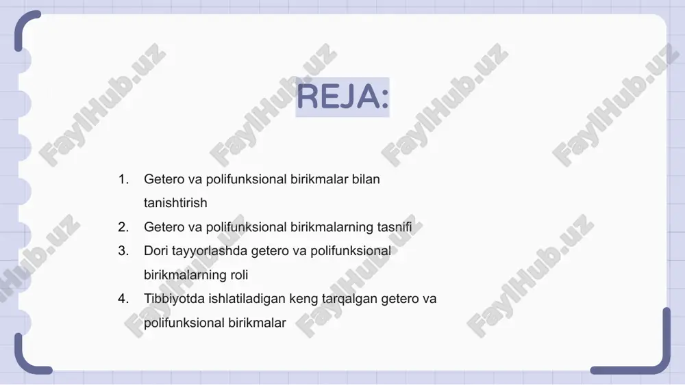 namoyish etadi. getero va polifunksional birikmalarga asoslangan dori vositalarini tayyorlashni tushunish ularning o'ziga xos tasniflarini bilishni o'z ichiga oladi. ushbu ma'lumot samarali va maqsadli terapevtik ta'sirga ega bo'lgan farmatsevtika vositalarining sintezi va dizayniga rahbarlik qiladi. dori tayyorlashda getero va polifunksional birikmalarning roli getero va polifunksional birikmalar maxsus biologik yo'llarni maqsad qilib olish uchun turli xil kimyoviy funktsiyalarni ta'minlab, dori tayyorlashda hal qiluvchi rol o'ynaydi. ushbu birikmalar farmakologik faolligi kuchaygan va nojo'ya ta'sirlarni kamaytiradigan dori vositalarini ishlab chiqishda muhim ahamiyatga ega bo'lib, ularni turli kasalliklarni davolashda juda samarali qiladi. hetero va polifunksional birikmalarga asoslangan dori vositalarini tayyorlash ularning xavfsizligi va samaradorligini bemor foydalanishi uchun ta'minlash uchun chuqur tadqiqotlar, sintez va sinovlarni o'z ichiga oladi. tibbiyotda ishlatiladigan keng tarqalgan getero va polifunksional birikmalar getero va polifunksional birikmalar asosida dori vositalarini tayyorlash turli xil kimyoviy tuzilishga ega bo'lgan molekulalarni turli tibbiy maqsadlarda sintez qilishni o'z ichiga oladi. tibbiyotda ishlatiladigan keng tarqalgan getero va …