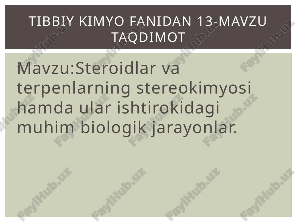 a sterin va gormonlar kiradi); politerpenlar (p bir necha yuzdan oʻnlab minggacha) (tabiiy kauchuk, guttapercha kiradi). tibbiy kimyo fanidan 13-mavzu taqdimot terpenlarning har bir qatori, oʻz navbatida, quyidagi guruhlarga boʻlinadi: 1) alifatik yoki atsiklik terpenlar — uglerod atomlari ochiq zanjirli birikmalar. bu guruhning xususiy terpenlari (s|0n|6) 3 ta qoʻsh bogʻlidir (mirsen, otsimen); 2) karbotsiklik terpenlar bu birikmalarda bir yoki bir necha uglerod atomi halqasi boʻladi. halqalar soniga qarab, terpenlar quyidagilarga boʻlinadi: a) 1 ta olti aʼzoli halqali monotsiklik terpenlar bu guruhning xususiy terpenlari 2 ta qoʻsh bogʻlidir (limonen, terpinenlar, terpinolen); tibbiy kimyo fanidan 13-mavzu taqdimot b) 2 halqali bitsiklik terpenlar bu guruh terpenlari (syun|6) 1 ta qoʻsh bogʻlidir (pinenlar, kamfen); v) 3 ta uglerod atomi halqasi boʻlgan tritsiklik terpenlar bu guruh terpenlari (s10n|6)da qoʻsh bogʻlar boʻlmaydi; g) diterpenlar, triterpenlar va politerpenlarda 3 tadan ortiq halqa boʻlishi mumkin. terpenlar hosilalari funksional guruhlari tavsifiga qarab, spirtlar, aldegidlar, ketonlar, oksidlar, gidroksidlar, peroksidlar, kislotalar …