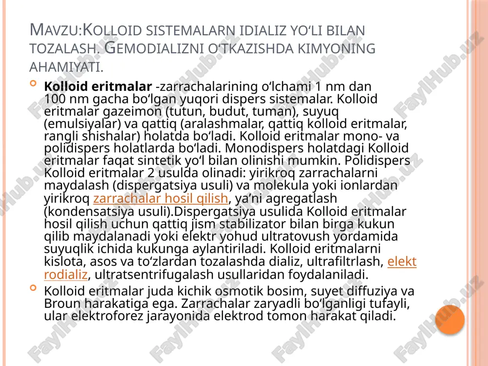 esa liozollar (yun. lios — suyuqlik) deb ataladi. dispers faza zarrachalari bilan dispersion muhit zarrachalari orasidagi bogʻlanishga qarab, kolloid eritmalar liofob va liofil zollarga boʻlinadi. liofob zollarga dispers platina, kumush, oltingugurt zollari misol boʻla oladi. liofil zollarda esa bu bogʻlanish kuchli boʻladi, ularga oqsil, jelatina, pepsin va yuqori molekulyar moddalarning eritmalari kiradi. kolloid eritmalar sanoat, qishloq xoʻjaligi va tibbiyotda muhim rol oʻynaydi. barcha tirik organizmlar toʻqimalari va hujayralarining asosini tashkil etuvchi oqsil, nuklein kislotalar, kraxmal, glikogen kabi moddalar kolloid eritmalar holida uchraydi. tuproqning unumdorligi uning kolloid eritmalar xrlidagi qismining fizik-kimyoviy xossalariga, sement, chinni, keramika, sir va boʻyoqlar sifati ularning disperelik darajasi hamda kolloid eritmalarning xossalariga bogʻliq. kolloid eritmalar charm, qogʻoz, gazlama, sunʼiy ipak, oziq-ovqat va boshqa sanoat tarmoqlarida ham keng qoʻllaniladi. toza kolloid eritmalar olish uchun kolloid eritmalar tarkibida hosil bo’lgan elektrolit (asos, kislota, tuz) lar va boshqa aralashmalar yo’qotiladi. kolloid eritmalarni tozaylash uchun «dializ», «elektrodializ» va «ultrafiltratsiya» usullaridan foydalaniladi. …