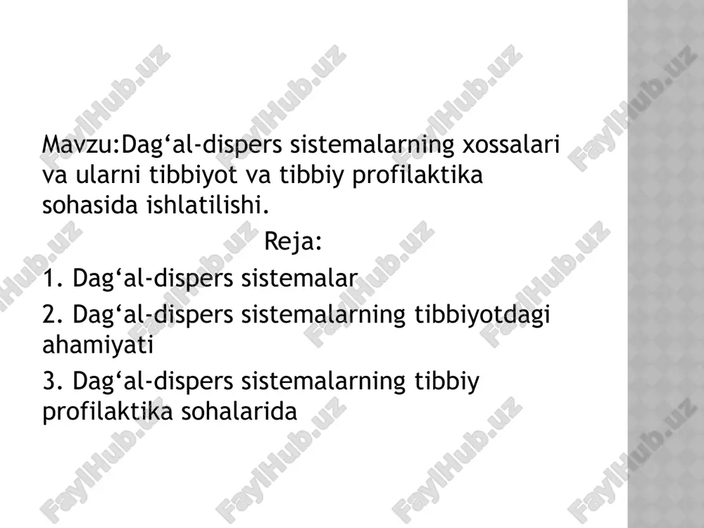 s likning oʻrtacha tavsifini, shuningdek, zarralarning oʻlchami yoki massasi boʻyicha taqsimlanish egrisini (polimerlar uchun molekulyarmassaviy taqsimlanishni) aniqlashga imkon beradi. zarralar oʻlchami 1 mkm.dan katta boʻlgan dagʻal dispers sistemalar (suspenziya, emulsiya) uchun gravitatsion maydondagi sedimentatsiya, kolloid sistemalar va polimerlar eritmasi uchun markazdan qochma kuch maydonidagi sedimentatsiya qoʻllanadi; markazdan qochma tezlanish 100 000 gacha tenglashib, ultratsentrifugalarda rotorning aylanish tezligini minutiga bir necha oʻn minglabgacha yetkazadi. suspenziyalar – dispers sistemalarning uchinchi xili dagʻal dispers . dagʻal dispers sistemalarda dispers faza zarrachalarining oʻlchami 100 mmkm dan katta boʻladi[1]. dispers faza va dispersion muhitning agregat holatiga qarab, dagʻal dispers sistemalar (xuddi kolloid eritmalar kabi) bir necha xil boʻlishi mumkin, turmush va texnikada eng koʻp uchraydigan dagʻal dispers sistemalar quyidagilardir: qattiq dispers faza va suyuq dispersion muqitdai iborat dagʻal dispers sistemalar; ular suspenziyalar deyiladi: masalan, suvga tuproq solib chayqatilsa, suspenziya hosil buladi[2]. suyuq dispers faza va suyuq dispersion muqitdan iborat sistemalar; bular emulsiyalar deyiladi; sut emulsiyaga …