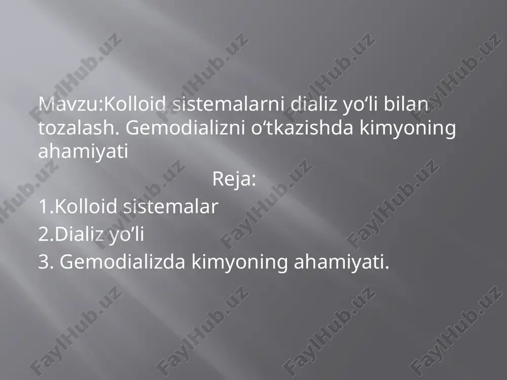 malar va yuqori molekulali birikmalarning eritmalari tarkibidagi kuyi molekulali moddalarni yarimoʻtkazgich membranalar (kichik molekula va ionlarni oʻtkazib, kolloid zarrachalar hamda ionlarni va makromolekulalarni ushlab qoladigan pardalar) yordamida yoʻqotish. diffuziya qonunlariga asoslangan. dializatorlarda olib boriladi. oddiy dializator distillangan suv saqlanadigan idish (3) va suvga botib turadigan shisha silindr (1) dan iborat. shisha silindrning ogʻzi ochiq boʻlib, tubi parda — membrana (2) bilan toʻsilgan. silindrga tozalanadigan kolloid eritma quyiladi. idishdagi suv silindr devorlarini yuvib, muttasil oqib turadi. kolloid eritmaning ion va molekulalari silindr tagidagi pardadan oʻtib, suvning ion va molekulalari bilan almashinadi. bu jarayon juda sekin oʻtadi. ionlarning diffuziyalanish jarayonini elektr maydon taʼsirida tezlashtirish mumkin. elektr dializator dializlanadigan sistemalarni elektrolitlardan tozalashni bir necha oʻn marta tezlatadi. dializ sanoatda turli moddalarni tozalashda ishlatiladi. masalan, sunʼiy tolalar i.ch.da (gemitsellyulozadan ishkrrni ajratish), jelatinani tozalashda, shuningdek, farmatsevtik preparatlar tayyorlashda qoʻllanadi. diyaliz buyrak etishmovchiligi bo'lgan odamlar uchun zarurdir. taxminan butun dunyo bo'ylab 2 million kishi bu holat …