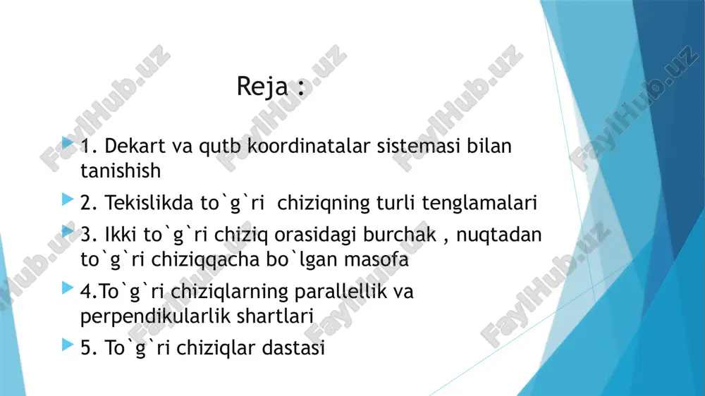hun bir xil bo‘lgan o‘lchov birligi-masshtab birligi (uzunligi 1 ga teng kesma) ni olamiz. natijada koordinata o‘qlari va ularda tayinlagan masshtab birligidan iborat sistema hosil bo‘ladi. bu sistema tekislikda dekart koordinatalari sistemasi deyiladi. m(x,y) nuqtaning absisssasi x va ordinatasi y ular birgalikda m nuqtaning koordinatalari deyiladi masalan a(3,2), b(-1,3) va c(-1,-1) nuqtalarning tekislikdagi tasvirlari chizmada ko‘rsatilgan. eslatma. abssissa o‘qida joylashgan barcha nuqtalarning ordinatalari, ordinata o‘qida joylashgan barcha nuqtalarning abssissalari nol bo‘ladi. koordina­talar boshining koordinatalari o(0,0) bo`ladi qutb koordinatalari sistemasi tekislikda tayin o nuqta va bu nuqtadan chiqqan tayin op nurni (sonlar o‘qini) olamiz. so‘ng masshtab birligini tanlaymiz. odatda, o nuqta qutb, op nur esa qutb o‘qi deyiladi. tekislikda ixtiyoriy m nuqtani ( o nuqtadan farqli) olaylik. o nuqta bilan m nuqtani birlashtirib, om kesmani hosil qilamiz. o m ning uzunligini , qutb o‘qi bilan nurning tashkil etgan burchakni deymiz . (pastdagi-chizma) bunda qutb radiusi, esa qutb burchagi deyiladi. bu va …