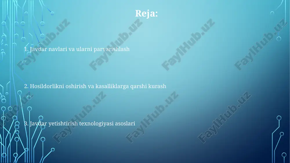 hiradi. fosforli o'g'itlar (p2o5 60-90 kg/ga) ekishdan oldin beriladi, bu o'simliklarning ildiz tizimini rivojlantirishga va hosildorlikni oshirishga yordam beradi. nav tanlash va urug' tayyorlash sifatli nav tanlash unumdorlikni oshiradi; adaptiv xususiyatlar va kasalliklarga chidamlilikni hisobga oling, hosildorlikni 15-20% ga oshiring. urug'larni saralash - bu muhim qadam, undirish koeffitsienti kamida 95% bo'lgan urug'lardan foydalaning, bu bir xil unib chiqishni ta'minlaydi. urug'larni fungitsidlar bilan davolash zamburug'li kasalliklarni oldini oladi, masalan, 'tmtd' preparati 2-3 kg/tonna nisbatda himoya qiladi. hosildorlikni yig'ishtirish va saqlash o'rim-yig'im davrida hosildorlikni saqlash uchun 14-16% namlikdagi donlar ventilyatsiya qilinadigan omborlarda 6 oygacha saqlanadi, haroratni doimiy nazorat qilib turish zarur. rye siloslarida saqlashda, donning haroratini 5-10 °c da ushlab turish hosildorlikni uzoqroq saqlashga yordam beradi va zararkunandalarning ko'payishini oldini oladi. hosildorlikni yig'ishtirishda ishlatiladigan kombaynlar donni tozalash va saralash tizimlariga ega bo'lishi kerak, bu esa 98% gacha tozalikni ta'minlab, saqlash sifatini oshiradi. javdar yetishtirish texnologiyasi hosildorlikni oshirish uchun javdarni erta bahorda, ya'ni …