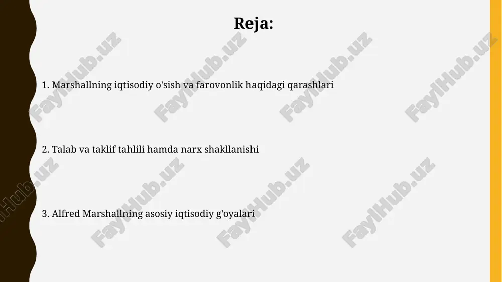 ga oladi, bozorni qisqa va uzoq muddatli davrlarga ajratib, elastiklik darajasidagi farqlarni tushuntiradi. marshallning talab egri chizig'i, foydalilik nazariyasiga asoslanadi va iste'molchilar narx pasayganda ko'proq mahsulot sotib olishlarini, qolgan omillar o'zgarmas qolgan holda tushuntiradi. marginalizm marshallning marginalizmga qo'shgan hissasi marginal unumdorlikka asoslangan omillar narxini aniqlashdir, bunda har bir omilning narxi ishlab chiqarishga qo'shgan marginal hissasi bilan belgilanadi. marshall marginalizm nazariyasida talab va taklif tahlilida marginal xarajatlar va marginal foyda tamoyillarini integratsiya qildi, bu esa bozor muvozanatini tushunish uchun muhimdir. marshallning merosi u elastiklik tushunchasini kiritdi, bu esa narxning o'zgarishiga talab yoki taklifning sezgirligini o'lchaydi. bu tushuncha bugungi kunda ham bozor tahlilida muhim ahamiyatga ega. marshallning "iqtisodiyot tamoyillari" kitobi 1890-yilda chop etilgan bo'lib, uzoq vaqt davomida iqtisodiyot fanining asosiy darsligi bo'lib xizmat qildi va ko'plab avlod iqtisodchilariga ta'sir ko'rsatdi. qiymat nazariyasi marshall qisqa muddatda talabning o'zgarishi narxga katta ta'sir ko'rsatadi, chunki taklif o'zgarishga moslashish uchun yetarli vaqtga ega emas, lekin uzoq …