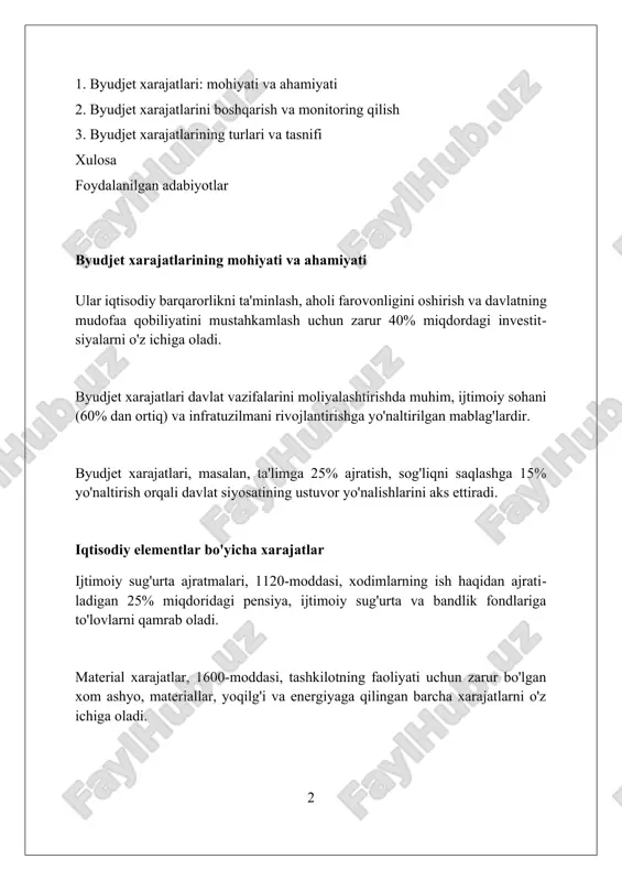 i qo'llab-quvvatlash uchun 20 milliard so'm. sog'liqni saqlash xarajatlari davlat sog'liqni saqlash xarajatlari aholining asosiy qismini qamrab oladi, jumladan, bepul tibbiy xizmatlar va subsidiyalangan dori-darmonlar, qamrovni kengaytiradi. majburiy tibbiy sug'urta xarajatlari fondi, sog'liqni saqlash sohasiga yo'naltirilgan mablag'larning asosiy qismi hisoblanib, tibbiyot muassasalarini moliyalashtirishga yordam beradi. sog'liqni saqlash xarajatlari, yaimning sezilarli qismini tashkil etadi, 2023-yilda 5% dan ortiqni tashkil qiladi, bu esa tibbiy yordamga katta investitsiyalarni ko'rsatadi. iqtisodiyotni qo'llab-quvvatlash xarajatlari iqtisodiyotni qo'llab-quvvatlash xarajatlari, masalan, subsidiyalar, 2023-yilda yalpi ichki mahsulotning 3 foizini tashkil etishi mumkin, bu esa mahalliy ishlab chiqaruvchilarni rag'batlantiradi. iqtisodiyotni qo'llab-quvvatlashning moliyaviy instrumentlari orasida 10 yillik imtiyozli kreditlar mavjud bo'lib, ular xususiy sektorning 15 dan ortiq loyihalariga yo'naltiriladi. davlat investitsiyalari iqtisodiyotni qo'llab-quvvatlashning muhim qismi bo'lib, ayniqsa, infratuzilmaga yo'naltirilgan xarajatlar 25 milliard so'mdan oshishi kutilmoqda. ta'lim xarajatlari taʼlim xarajatlari tarkibida professor-oʻqituvchilarning ish haqi fondi 60% ni tashkil etadi, qolgan 40% esa oʻquv materiallari, infratuzilmani yangilash va grant dasturlarini moliyalashtirishga yoʻnaltiriladi. maktabgacha …