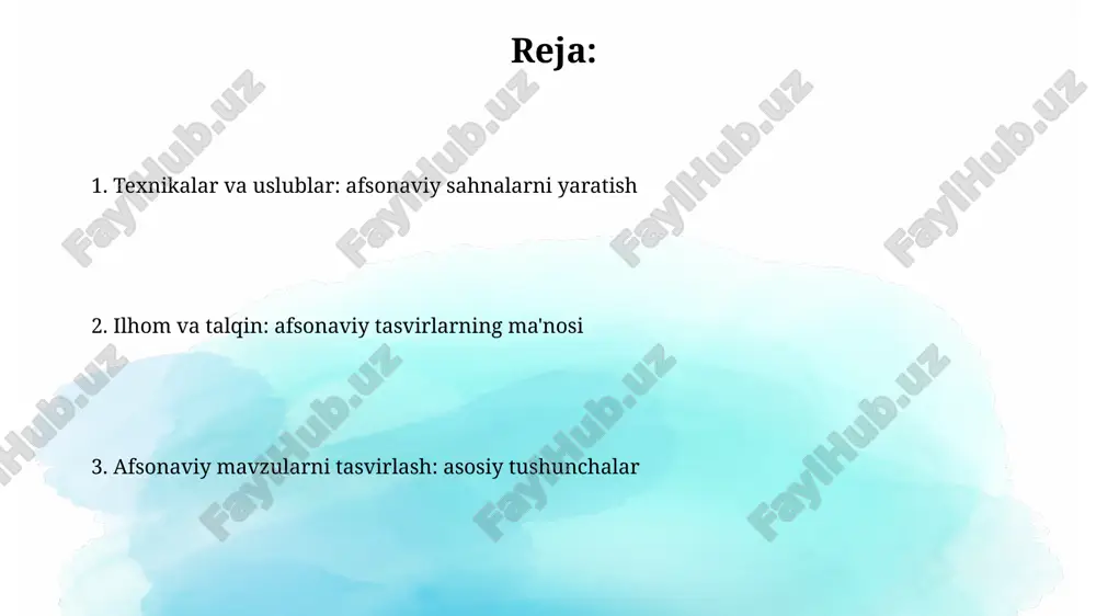 n, caravaggioning 1602-yildagi "isoning qo'lga olinishi" asarida. mifologik syujetlarni vizual talqin qilishda rassomlar ko'pincha "oltin nisbat" kabi matematik prinsiplardan foydalanadilar, bu kompozitsiyada muvozanat va uyg'unlik yaratadi. ilhom manbalari: miflar va afsonalar miflar va afsonalar rassomlar uchun **cheksiz ilhom** manbaidir, ular qadimiy qahramonlar va voqealarni **1000 dan ortiq** usulda tasvirlashga imkon beradi. afsonaviy mavzular **15-asr** uyg'onish davrida keng tarqalgan, rassomlar **ovidiyning metamorfozalari** kabi matnlardan ilhomlanib, **klassik adabiyotga** qaytishgan. mifologiyaning vizual san'atdagi roli vizual san'atdagi mifologik mavzular ko'pincha 3 ta asosiy tsiklga bo'linadi: yaratilish afsonalari, qahramonlik afsonalari va oxirat afsonalari, har biri o'ziga xos vizual tasvirlarga ega. yunon mifologiyasi, ayniqsa, uyg'onish davri san'atiga katta ta'sir ko'rsatdi, 1500 dan ortiq rassomlar zevs, afina va apollon kabi xudolarning sahnalarini chizganlar. e'tiboringiz uchun rahmat @taqdimot_robot image3.jpg image4.jpg image5.jpg image6.jpg image7.jpg image8.jpg image9.jpg image1.png