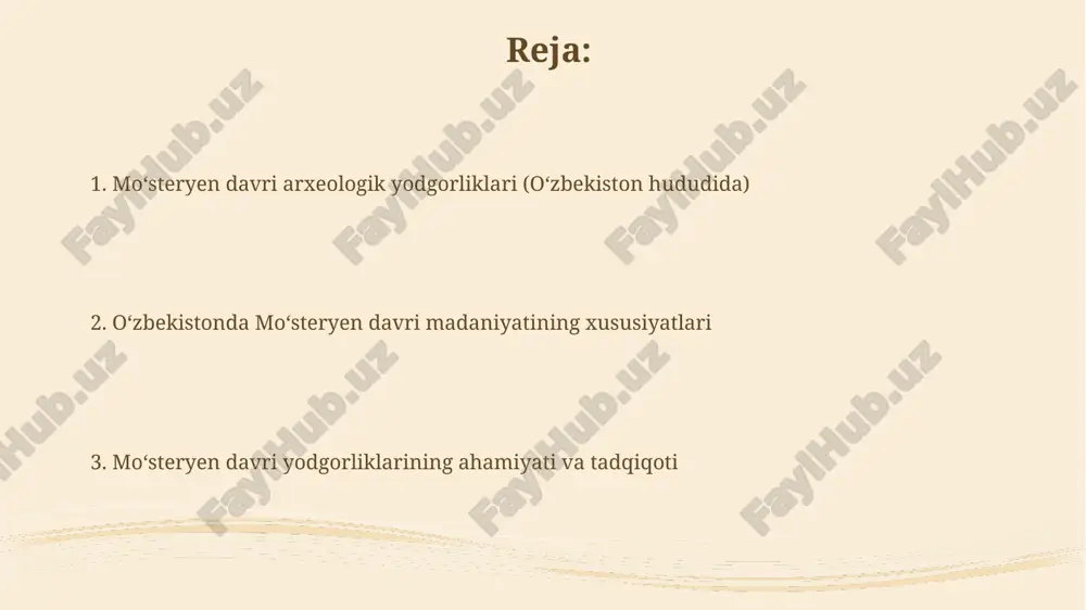 alar, masalan, 3d modellashtirish va virtual reallik, mousterian davr manzilgohlarini tadqiq qilish va rekonstruksiya qilishda muhim rol o'ynashi mumkin. radiouglerodli datingning aniqligini oshirish orqali o'zbekistondagi mousterian davr qatlamlarining xronologiyasini aniqlashtirish kelajak tadqiqotlarning muhim yo'nalishi hisoblanadi. oʻzbekistonda topilgan hominid qoldiqlari teshik-tosh g'oridan neandertal bolaning qoldiqlari topilgan. bu topilma taxminan 70 ming yil avvalgi mousterian davriga oid bo'lib, bolaning dafn marosimi haqida ma'lumot beradi. o'zbekiston hududida topilgan tosh qurollar va boshqa artefaktlar hominidlarning bu yerda uzoq vaqt davomida yashaganligini ko'rsatadi hamda bu topilmalar 400 ming yillik davrga tegishlidir. iqlim oʻzgarishlari va mousterian odamlari iqlim oʻzgarishi mousterian odamlari tomonidan qoʻllaniladigan tosh qurollarning turli xil turlarini yaratishga turtki boʻlgan, chunki ular ov qilish usullarini oʻzgartirishga majbur boʻlgan. oʻzbekistondagi mousterian davri odamlari 130,000-40,000 yil oldin muzlik davrining oʻzgarishlariga moslashgan, issiq va sovuq davrlarga duch kelgan. oʻzbekiston hududida mousterian davri arxeologiyasi selung'ur g'orida olib borilgan qazishmalar davomida 3000 dan ortiq tosh qurollari va artefaktlar topilgan bo'lib, …