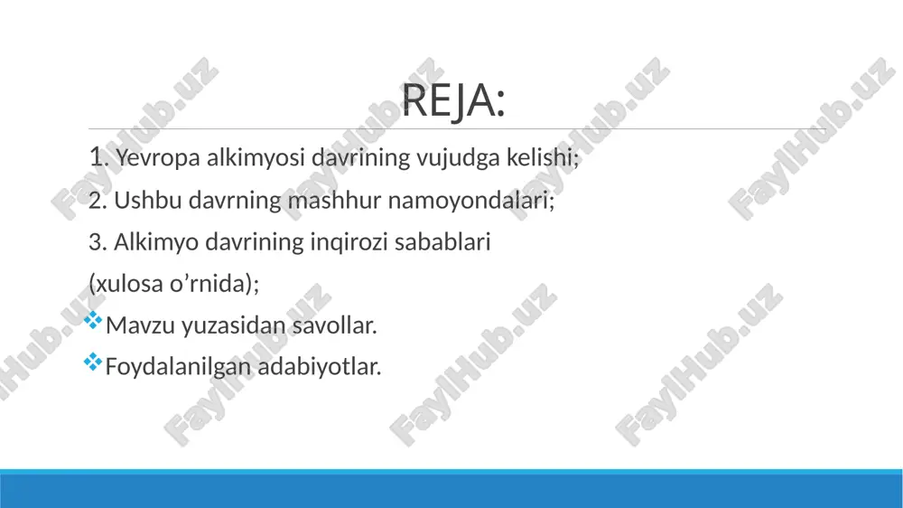 n taraqqiyoti ham bunga tayyor emas edi. bekon bilimlarining umumiy ensiklopediyasini yozishga urindi va o’z ishlarida portlovchi moddaga 1-bo’lib ta’rif berdi. ba’zida uni portlovchi moddaning kashfiyotchisi deyishadi, lekin bu aniq emas. bekonning zamondoshlari bo’lgan, o’rta asr alkimyogarlari – villanovolik ispaniyalik vrach arnold (1240-1311) va daymond lulliy (1235-1313) ispaniyalik o’rta asr alkimyogari va shifokori, o’zining har tomonlama chuqur bilimi bilan “eng ma’rifatli ustoz” nomini olgan. u metallar transmutatsiyasi va falsafa toshini yaratish borasida amaliy ishlar olib borgan. xiv asrda magnitli kompas kashf etildi va dengizda suzish rivojlana boshladi. avvaliga afrika qirg’oqlarini o’rganish ishlarini o’tkazdilar. so’ngra yevropa, hindiston va shu hududdagi davlatlar bilan savdo-sotiq ishlarini olib bordilar. ushbu davlatlar, ularning madaniyati va rivoji bilan ham tanishdilar, natijada greklarning falsafalarini to’liq to’g’ri deb qabul qilish ham noto’g’ri ekanligi, ular ham adashishlari mumkinligini tushundilar. yevropaliklar o’zlarining ustunliklarini kemasozlik sohasida isbotladilar va bundan tashqari boshqa ko’p sohalarda ham ustunliklarini ko’rsatishga urindilar. yevropa alkimyosi davrida ham …