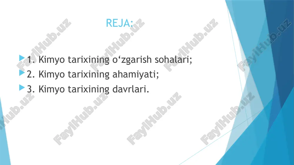 i. shuningdek, kimyo tarixi insoniyat taraqqiyoti umumiy tarixining bir qismi sifatida qaralishi ham mumkin. kimyo tarixi faqat tarixiy fakt(dalil)larni jamlash va o‘rganish bilangina cheklanmaydi. u tarixiy hodisalarni bilish uchungina emas, zamonaviy kimyogar – tadqiqotchilar uchun amaliy ahamiyatga ega. kimyo tarixini o‘ganish kimyo fanining rivojlanish bosqichlarini ma’lum davrlarga bo‘lib chiqishni talab qiladi. qadim zamonlardan hozirgacha bo‘lgan ulkan davr ichida kimyoviy bilimlarning to‘planishning tarixiy yo‘llari kimyo fanini real rivojlanish bosqichlarini aks ettirishi kerak, ya’ni davrlarga bo‘lishda kimyo fanida tubdan o‘zgarish sodir bo‘lishiga sabab bo‘ladigan hodisalar va g‘oyalar asos qilib olinishi zarur. aksariyat kimyo tarixchilari quyidagi davrlarga bo‘lishadi: alkimyogacha bo‘lgan davr (eramizning iv – asriga qadar). alkimyo davri (iv – xvi asrlar). kimyoning birlashish davri (xvi – xviii asrlar). miqdoriy qonuniyatlar davri (xviii – xix asrning birinchi yarmi). zamonaviy davr. alkimyogacha bo‘lgan davr (eramizning iv – asriga qadar). falsafa toshini izlashga bo’lgan urinishlar alkimyo davri (iv – xvi asrlar). kimyoning birlashish davri (xvi …