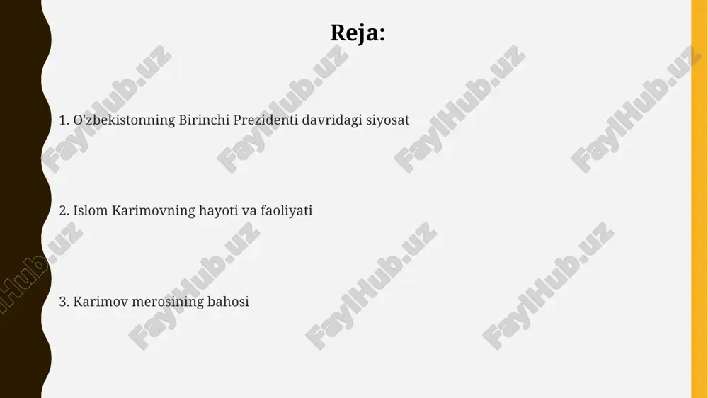 tirasiga bag'ishlangan tadbirlar o'tkaziladi va ularning xotirasi abadiylashtiriladi. ushbu kun doirasida o'zbekistonning barcha hududlarida “xotira maydonlari” ziyorat qilinadi, gullar qo'yiladi va marhumlarning ruhiga hurmat bajo keltiriladi. “xotira va qadrlash kuni” munosabati bilan davlat tomonidan urush qatnashchilari va faxriylar uchun pul mukofotlari ajratiladi va ularning ijtimoiy himoyasi kuchaytiriladi. oʻzbekiston mustaqilligining eʼlon qilinishi islom karimov 1990-yil mart oyida oʻzbekiston ssr prezidenti etib saylandi va mustaqillik eʼlon qilinishida muhim rol oʻynadi. oʻzbekiston mustaqilligi 1991-yil 31-avgustda eʼlon qilindi, bu sssrning parchalanishi va oʻzbekiston ssr oliy kengashining tarixiy qarori bilan bogʻliq edi. 1991-yil 29-dekabrda boʻlib oʻtgan umumxalq referendumida aholining 98,3% dan ortigʻi mustaqillikni qoʻllab-quvvatladi, bu xalq irodasining kuchli ifodasi boʻldi. tashqi siyosat: mintaqaviy aloqalar karimov markaziy osiyo davlatlari bilan ikki tomonlama hamkorlikni mustahkamlashga ustuvor ahamiyat berdi, ayniqsa, suv resurslari bo'yicha 1990-yillarning o'rtalaridan 2000-yillargacha muzokaralar olib bordi. u 1990-yillarda mintaqaviy xavfsizlikni mustahkamlashga qaratilgan shanxay hamkorlik tashkiloti (shht) kabi mintaqaviy tuzilmalarni faol qo'llab-quvvatladi va terrorizmga qarshi kurashda …