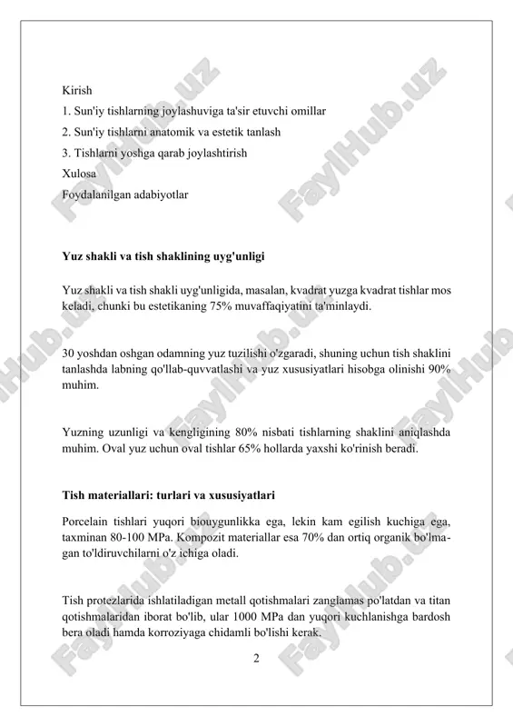 qilishi mumkin. premolyar va molyar tishlarning joylashuvi premolyar va molyarlarning joylashuvi vertikal, sagittal va transversal yo'nalishlarda aniqlanishi kerak, og'iz bo'shlig'idagi o'rtacha bo'shliq va suyak to'qimasini hisobga olib. molyarlarning joylashuvi, ayniqsa, ikkinchi va uchinchi molyarlar, mandibulaning ramusi va temporalis mushagining ta'siri kabi anatomik cheklovlar bilan belgilanadi. premolyarlar va molyarlarning joylashuvi oklüzal tekislikka nisbatan muhim, chunki ularning tepaliklari oklüzyonni aniqlaydi va jag' harakatlariga ta'sir qiladi. sun'iy tishlarni yoshga qarab tanlash bolalarda, 12 yoshgacha, sun'iy tishlar kattaligi kichikroq va shakli yumaloqroq bo'lishi kerak, tabiiy tishlarning o'lchami va joylashuviga mos kelishi zarur. yoshga qarab tish tanlashda, 40 yoshdan oshganlarda, tish emalining yupqalashishi hisobga olinib, undan ham oqroq soyalardan voz kechish tavsiya etiladi. keksa yoshda, 60 yoshdan keyin, tishlarning shakli yumaloqroq va qisqaroq tanlanadi, chunki tabiiy tishlar aşınmaya uchragan va yuz tuzilishi o'zgargan bo'ladi. tish rangini tanlash tish rangini tanlashda yuz rangini, labning qalinligini va bemorning yoshini hisobga olish kerak; masalan, yosh bemorlarda yorqinroq ranglar …