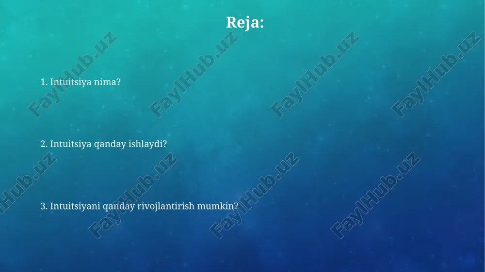 li sohalarda, masalan, tibbiyot yoki moliyada, intuitsiyaga haddan tashqari tayanish 40% hollarda jiddiy xatolarga olib kelishi mumkin, shuning uchun ehtiyot bo'lish kerak. intuitsiya xavfli bo'lishi mumkin, ayniqsa, 1-tur xatolarga olib kelishi, noto'g'ri signalni qabul qilish holatida. bu 75% hollarda noto'g'ri qarorga sabab bo'ladi. intuitsiyaning afzalliklari va kamchiliklari kamchilik: intuition xatolikka moyil bo'lishi mumkin, ayniqsa 30% hollarda, agar u noto'g'ri taxminlarga yoki shaxsiy xurofotlarga asoslangan bo'lsa, natija salbiy bo'lishi mumkin. afzallik: intuition, taxminan 80% holatlarda, tezkor qarorlar qabul qilishga yordam beradi, ayniqsa noaniq yoki murakkab vaziyatlarda, vaqtni tejaydi. intuitsiya nima? intuitsiya koʻpincha "ichki sezgi" yoki "oltinchi sezgi" deb ataladi, bunda miya ma’lumotlarni tezkor qayta ishlab, 7 soniyada xulosaga keladi, lekin biz bu jarayonni anglamaymiz. psixologiyada intuitsiya analitik tafakkurdan farqli ravishda, ongsiz ravishda yuzaga keladigan bilish usuli hisoblanadi, uning natijasi 3 xil shaklda namoyon bo’lishi mumkin. intuitsiya va mantiq psixologiyada intuitsiya 'ichki ovoz' sifatida ta'riflanadi, lekin u ko'pincha ma'lumotlarni ongsiz ravishda qayta …