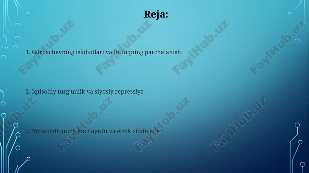 iklarni keltirib chiqardi. 1991-yilgi avgust putchi avgust putchi respublikalarda, ayniqsa rossiya sfsrda keng noroziliklarga sabab bo‘ldi, boris yeltsin putchni qoraladi va demokratik qarshilikni tashkil qildi. putchni tashkil etgan sakkiz kishilik guruh 1991-yil 21-avgustda hibsga olindi, bu muvaffaqiyatsiz urinish sovet ittifoqining tezlashuviga va tarqalishiga olib keldi. ittifoqning parchalanishi 1991-yil dekabr oyida rossiya, ukraina va belarus belovejsk kelishuvini imzolashdi. bu kelishuv sssrni tugatib, mustaqil davlatlar hamdo'stligini (mdh) tashkil etdi. markaziy hukumatning zaiflashuvi, 1980-yillarda respublikalarda millatchilikning kuchayishiga olib keldi. estoniya, latviya va litva 1990-yilda o'z mustaqilliklarini e'lon qilishdi. millatlararo ziddiyatlar 1989-yilda farg'ona vodiysidagi o'zbeklar va mesxeti turklari o'rtasidagi to'qnashuvlar mahalliy hukumatlarning sustkashligi va moskvadan yetarli yordam kelmaganligi sababli kuchaydi. 1986-yilgi qozog'istondagi jeltoqson voqealari, rus millatiga mansub gennadiy kolbinning respublika rahbari etib tayinlanishiga qarshi noroziliklar, milliy o'zlikni namoyon qildi. millatlararo ziddiyatlar 1989-yilga kelib, fargʻona voqeasi kabi oʻzbeklar va mesxeti turklari oʻrtasidagi etnik zoʻravonliklar minglab qurbonlarga olib keldi, bu sovet ittifoqining markaziy nazoratining zaiflashuvini koʻrsatdi. …