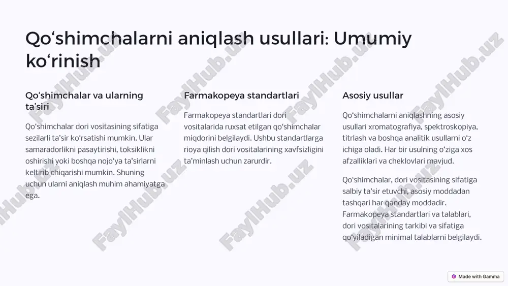 ktroskopiya - moddalarning elektromagnit nurlanish bilan o‘zaro ta’sirini o‘rganuvchi usuldir. uv, ir va nmr spektroskopiyalari keng tarqalgan. spektral xarakteristikalari dori moddalarning spektral xarakteristikalari ularning kimyoviy tuzilishini aniqlashga yordam beradi. har bir modda o‘ziga xos spektrga ega. amaliy misollar antibiotiklarning tarkibini tekshirish spektroskopiya usulining amaliy misollaridan biridir. ushbu usul, antibiotik tarkibidagi har bir komponentni aniqlashga imkon beradi. spektroskopiya usuli, moddalarning elektromagnit nurlanish bilan o'zaro ta'sirini o'rganishga asoslangan. uv (ultrabinafsha), ir (infraqizil) va nmr (yadro magnit rezonansi) spektroskopiyalari dori moddalarning tarkibini aniqlashda keng qo'llaniladi. 4 titrlash usuli mohiyati va turlari titrlash - bu eritmadagi modda miqdorini aniqlash uchun ishlatiladigan kimyoviy usuldir. kislota-asosli va redoks titrlash kabi turlari mavjud. farmatsevtik analizda roli farmatsevtik analizda titrlashning roli katta. u dori vositalarining tarkibini aniqlashda, ayniqsa, miqdoriy analizda muhim ahamiyatga ega. amaliy misollar askorbin kislota (c vitamini) miqdorini aniqlash titrlash usulining amaliy misollaridan biridir. ushbu usul, c vitamini tabletkalaridagi moddaning aniq miqdorini belgilashga yordam beradi. titrlash …
