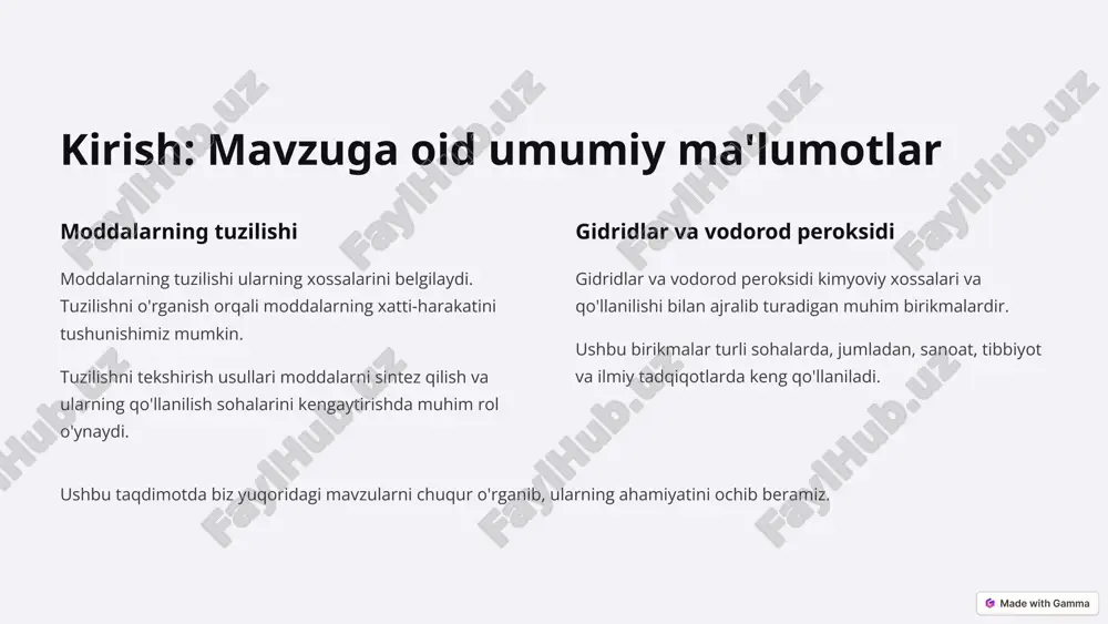 arkibini aniqlashda muhim ahamiyatga ega va ko'plab laboratoriyalarda keng qo'llaniladi. 4 gidroksidlarning olinishi: turli usullar va reaksiyalar 1 metallarning suv bilan reaksiyasi ishqoriy metallar suv bilan reaksiyaga kirishib, gidroksidlar hosil qiladi. 2 metall oksidlarining suv bilan reaksiyasi ishqoriy va ishqoriy-yer metallarning oksidlar suv bilan reaksiyaga kirishib, gidroksidlar hosil qiladi. 3 elektroliz tuzlarning suvli eritmasi elektroliz qilinganda gidroksidlar hosil bo'lishi mumkin. gidroksidlar sanoatda va laboratoriyalarda turli usullar bilan olinishi mumkin. olinish usuli metallning aktivligiga va kerakli gidroksidning xossalariga bog'liq. 5 vodorod peroksidining olinishi: sanoat va laboratoriya usullari sanoat usuli (antrakhinon usuli) antrakhinonning qaytarilishi va oksidlanishi orqali vodorod peroksidi olinadi. bu usul sanoatda keng qo'llaniladi. elektroliz usuli sulfat kislotasining yuqori konsentratsiyali eritmasi elektroliz qilinganda peroksidisulfat kislotasi hosil bo'ladi, keyin gidrolizlanadi. laboratoriya usuli bariy peroksidining kislota bilan reaksiyasi orqali vodorod peroksidi olinadi. vodorod peroksidi sanoatda va laboratoriyalarda turli usullar bilan olinishi mumkin. sanoat usullari katta miqdorda vodorod peroksidi olish imkonini beradi. 6 gidroksidlarning …