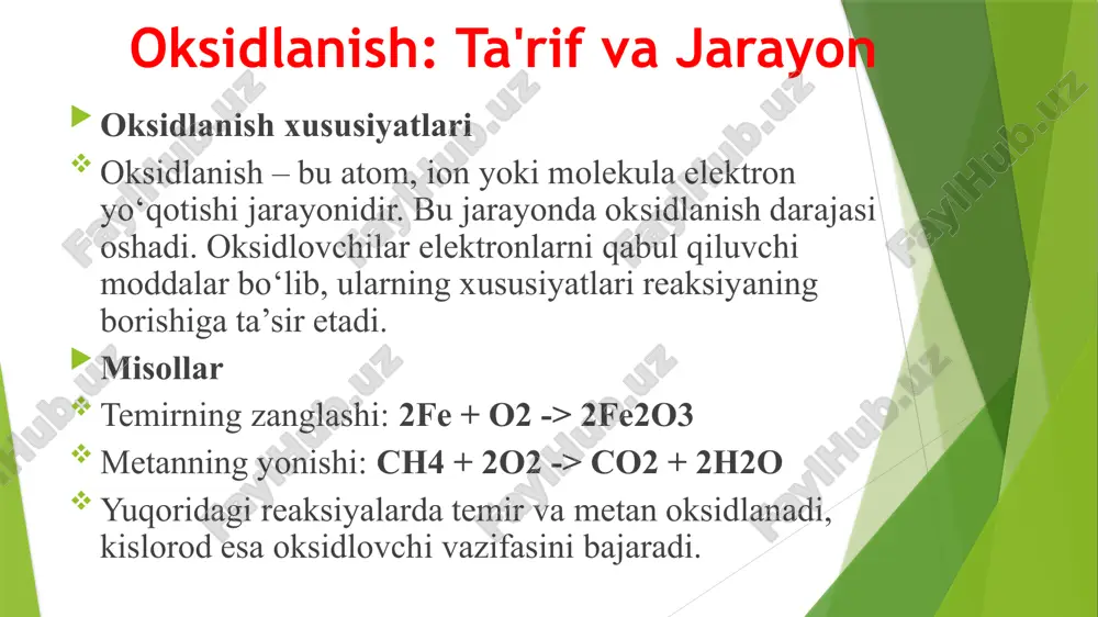 , zn, fe): turli kimyoviy reaksiyalarda qaytaruvchi sifatida ishlatiladi. oksidlanish – qaytarilish reaksiyalarining amaliy ahamiyati metallurgiya metallarni olish jarayonlari (mis, temir, alyuminiy) oksidlanish – qaytarilish reaksiyalariga asoslangan. energetika yonilg‘i yonishi, akkumulyatorlar va batareyalar ishlashi oksidlanish – qaytarilish reaksiyalari bilan bog‘liq. atrof-muhit muhofazasi chiqindi suvlarni tozalash va havo ifloslanishiga qarshi kurashda oksidlanish – qaytarilish reaksiyalari qo‘llaniladi. oksidlanish – qaytarilish reaksiyalari texnologiya va sanoatning turli sohalarida muhim rol o‘ynaydi. ularning yordamida metallar olinadi, energiya ishlab chiqariladi va atrof-muhit muhofaza qilinadi. biologik sistemalardagi oksidlanish – qaytarilish reaksiyalari nafas olish glyukozaning oksidlanishi va energiya ajralishi. fotosintez suv va karbonat angidriddan glyukoza sintezi. fermentlar fermentlarning roli va ularning katalitik faolligi muhim. biologik sistemalarda oksidlanish – qaytarilish reaksiyalari hayotiy ahamiyatga ega. nafas olish va fotosintez jarayonlari energiya almashinuvining asosini tashkil etadi. fermentlar esa bu reaksiyalarni katalizlaydi. etiboringiz uchun rahmat /docprops/thumbnail.jpeg