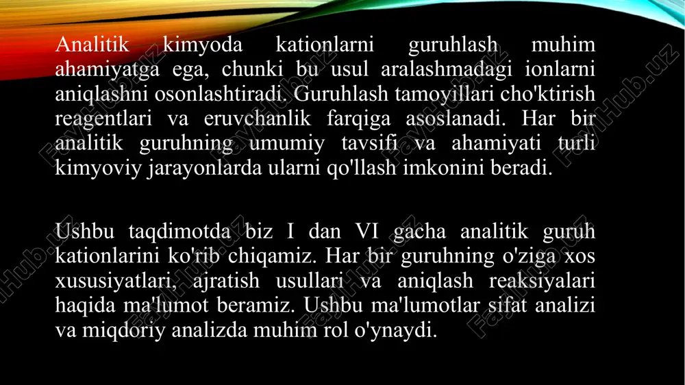 ki bilan esa sariq cho'kma hosil bo'lishi kuzatiladi. ushbu reaksiyalar pb²⁺ni boshqa ionlardan ajratishga yordam beradi. ii analitik guruh kationlari: hg²⁺, cu²⁺, cd²⁺, bi³⁺, as³⁺, sb³⁺, sn²⁺ umumiy tavsif ii analitik guruh kationlari (hg²⁺, cu²⁺, cd²⁺, bi³⁺, as³⁺, sb³⁺, sn²⁺) sulfidlar shaklida cho’kadi, lekin bu kislotali muhitda amalga oshiriladi. ajratish usullari ajratish uchun h₂s gazi bilan cho’ktirish (ph=0.5) usuli qo’llaniladi. cho’kmani eruvchanlik farqiga qarab ajratish mumkin. aniqlovchi reaksiyalar har bir kationning o’ziga xos aniqlovchi reaksiyalari mavjud: hg²⁺ (ki bilan qizil cho’kma), cu²⁺ (nh₃ bilan to’q ko’k rang), cd²⁺ (naoh bilan oq cho’kma) va boshqalar. bi³⁺ suv bilan oq cho'kma (biocl) hosil qiladi, as³⁺ agno₃ bilan qizg'ish-jigarrang cho'kma beradi, sb³⁺ esa h₂s bilan to'q sariq cho'kma hosil qiladi. ushbu reaksiyalar kationlarni aniqlashda muhim ahamiyatga ega. iii analitik guruh kationlari: fe²⁺, fe³⁺, al³⁺, cr³⁺, ni²⁺, co²⁺, mn²⁺, zn²⁺ umumiy tavsif iii analitik guruh kationlari (fe²⁺, fe³⁺, al³⁺, cr³⁺, ni²⁺, co²⁺, mn²⁺, zn²⁺) …