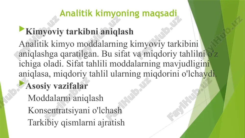 vositasining standartlarga muvofiqligini tekshirish imkonini beradi. farmatsevtika sanoatida analitik kimyo dori vositalarining sifatini ta'minlash, ularning samaradorligini oshirish va xavfsizligini kafolatlashda muhim rol o'ynaydi. sifat tahlili usullari sifat reaksiyalari sifat reaksiyalari moddalarni aniqlash uchun ishlatiladigan kimyoviy reaksiyalardir. cho'ktirish, rangli reaksiyalar va gaz ajratish kabi usullar keng qo'llaniladi. xromatografik usullar xromatografik usullar moddalarni ajratish va aniqlash uchun ishlatiladi. qog'oz va yupqa qatlam xromatografiyasi keng tarqalgan usullardir. spektroskopik usullar spektroskopik usullar moddalarning spektrlarini o'rganishga asoslangan. uv, ir va nmr spektroskopiyalari keng qo'llaniladi. sifat tahlilida qo'llaniladigan reagentlar va indikatorlar ham muhim rol o'ynaydi. ular reaksiyalarni kuzatish va moddalarni aniqlash imkonini beradi. sifat tahliliga misollar dorivor o'simliklar tarkibi dorivor o'simliklarning tarkibini aniqlash ularning shifobaxsh xususiyatlarini baholashga yordam beradi. yaroqlilik muddatini aniqlash dori vositalarining yaroqlilik muddatini aniqlash ularning xavfsizligini ta'minlash uchun muhim. soxtalikni aniqlash dori vositalarining soxtaligini aniqlash iste'molchilarning huquqlarini himoya qilishga qaratilgan. suv sifatini baholash in'ektsiya uchun suvning sifatini baholash uning sterilligini va xavfsizligini ta'minlash …