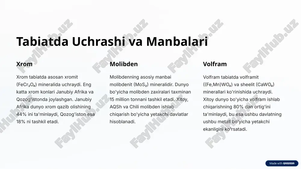 or holat. xrom birikmalarining qaytarilish xususiyatlari ularning kimyoviy reaksiyalarda ishtirok etishini belgilaydi. molibden va volframning reaksiyalari molibden va volfram yuqori haroratlarda kislorod bilan reaksiyaga kirishib, moo₃ va wo₃ hosil qiladi. ushbu reaksiyalar ularning oksidlanish xususiyatlarini ko'rsatadi. 4 xrom birikmalari 1 xrom (iii) oksidi (cr₂o₃) yashil pigment sifatida keramika va shisha ishlab chiqarishda ishlatiladi. ushbu birikma rang berish xususiyatiga ega. 2 xromatlar va dixromatlar (k₂cro₄, k₂cr₂o₇) kuchli oksidlovchilar bo'lib, labaratoriyada reagent sifatida ishlatiladi. kaliy dixromatning ishlab chiqarish hajmi yiliga 500,000 tonnadan ortiq. 3 xrom (vi) oksidi (cro₃) kuchli oksidlovchi, metallarni qoplashda qo'llaniladi. ushbu birikma metall yuzalarini himoya qilishda muhim rol o'ynaydi. 5 molibden birikmalari molibden (iv) sulfidi (mos₂) quruq moylash materiali sifatida yuqori haroratga chidamli. neft sanoatida katalizator sifatida ishlatiladi. 1 molibden (vi) oksidi (moo₃) katalizator sifatida o'g'itlar ishlab chiqarishda qo'llaniladi. ushbu birikma qishloq xo'jaligi uchun muhim hisoblanadi. 2 ammoniy molibdat ((nh₄)₂moo₄) labaratoriya reaktivi sifatida o'g'itlar tarkibida mikroelement sifatida ishlatiladi. o'simliklarning …